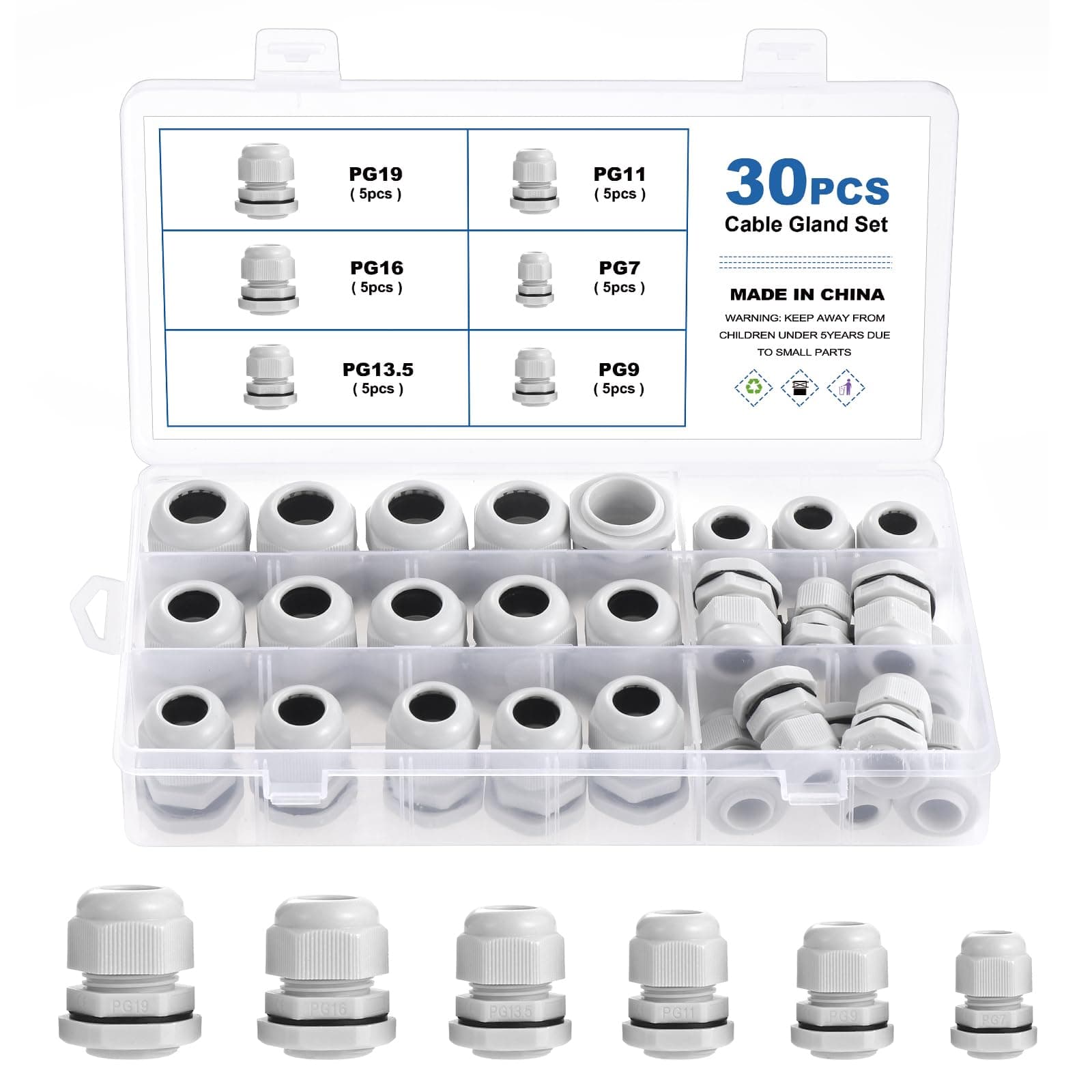 30 Pcs Cable Glands Waterproof PG7 PG9 PG11 PG13.5 PG16 PG19 Adjustable Cable Glands, Nylon Cable Glands for Cables with a Diameter of 3-15mm, Waterproof Nylon Cable Glands, White