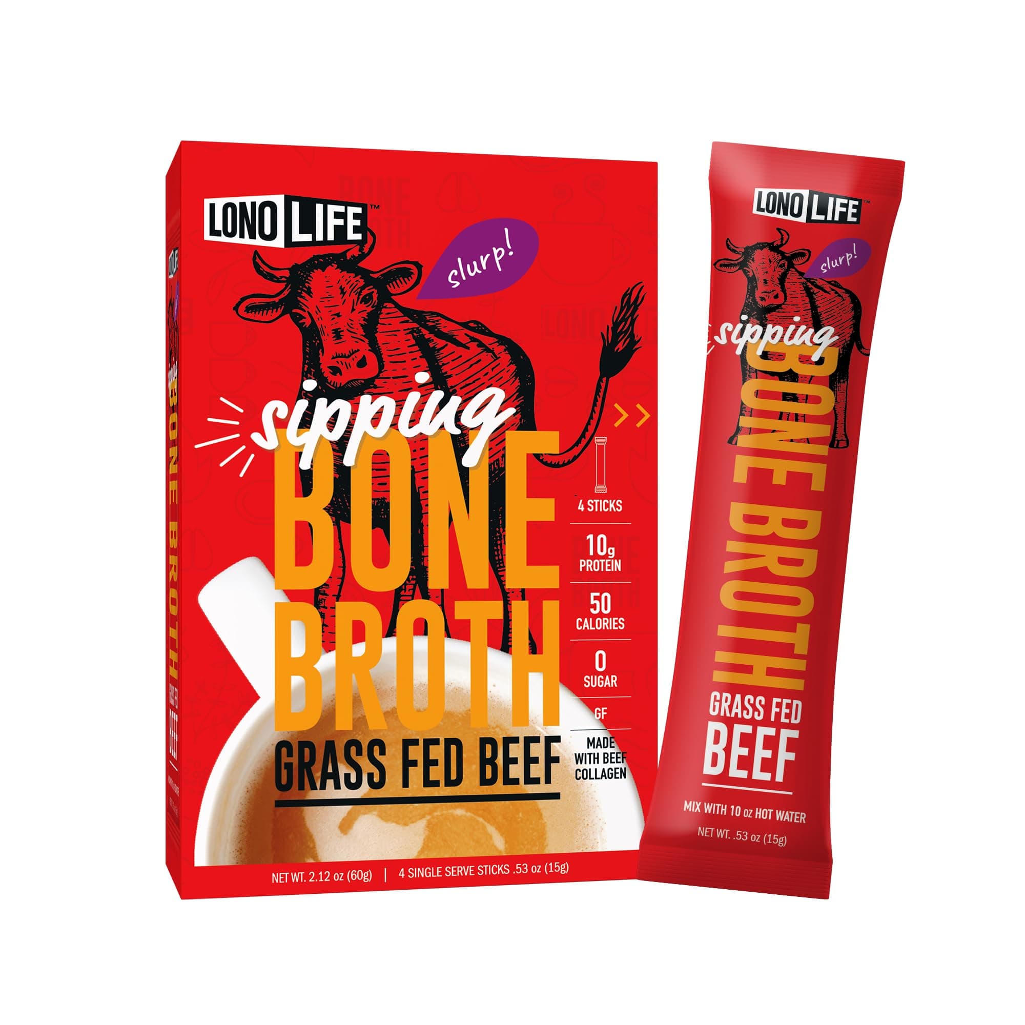 LonoLife Beef Bone Broth Powder Mix | Grass-Fed, 10g Protein | Collagen-Rich, Keto & Paleo Friendly | Natural Ingredients | 24 Portable Stick Pack Servings