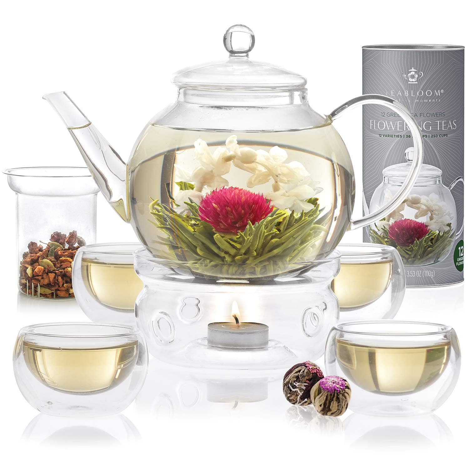 Teabloom Complete Blooming Tea Set: Glass Teapot, 12 Flowering Tea Sampler, Teapot Warmer, 4 Double-Wall Glasses & Loose Tea Infuser - Best Flowering Tea Gift Set