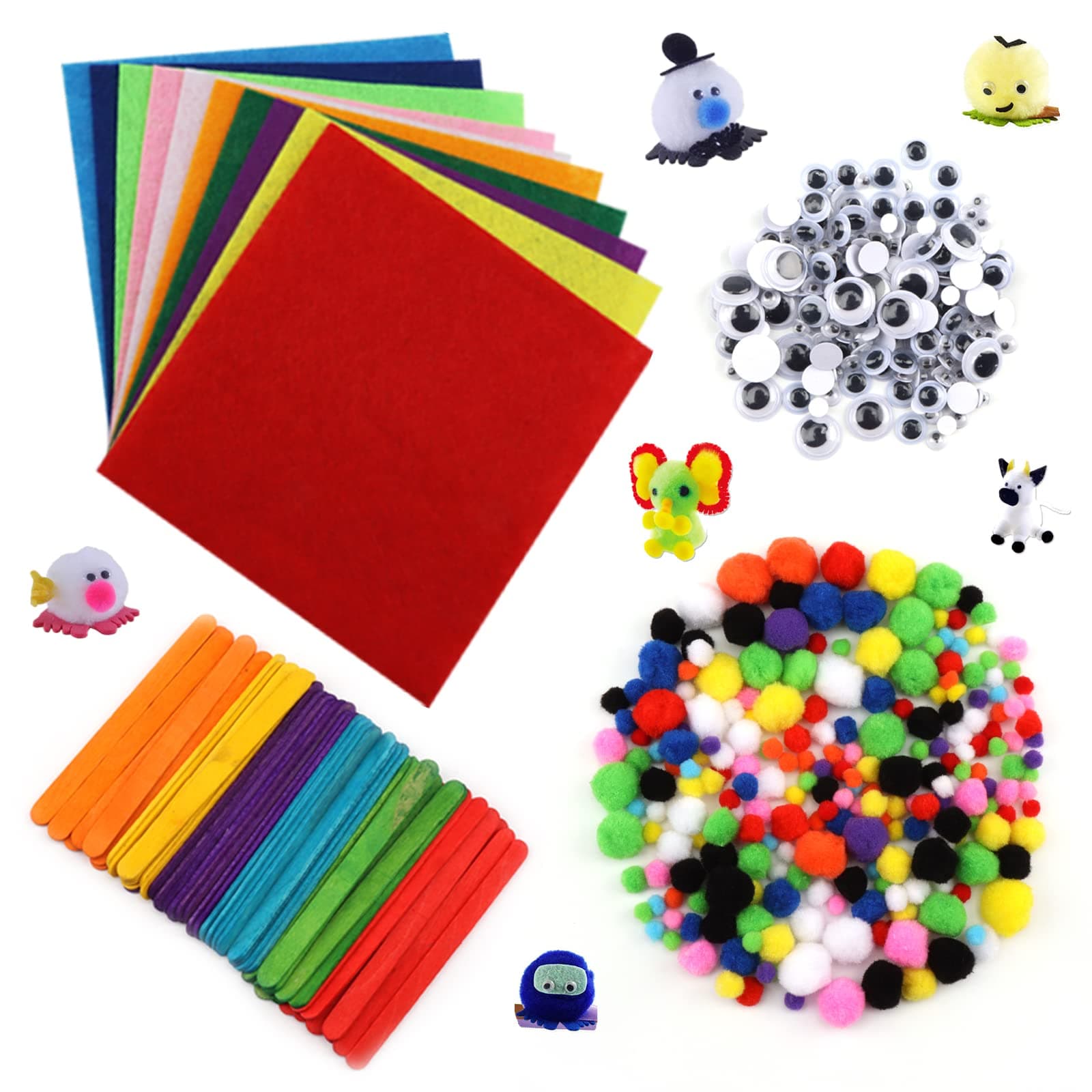 Wartoon Pipe Cleaners Chenille Stem and Pompoms with Googly Wiggle Eyes Non-Woven Felt Fabric Sheets for Craft DIY Art Supplies