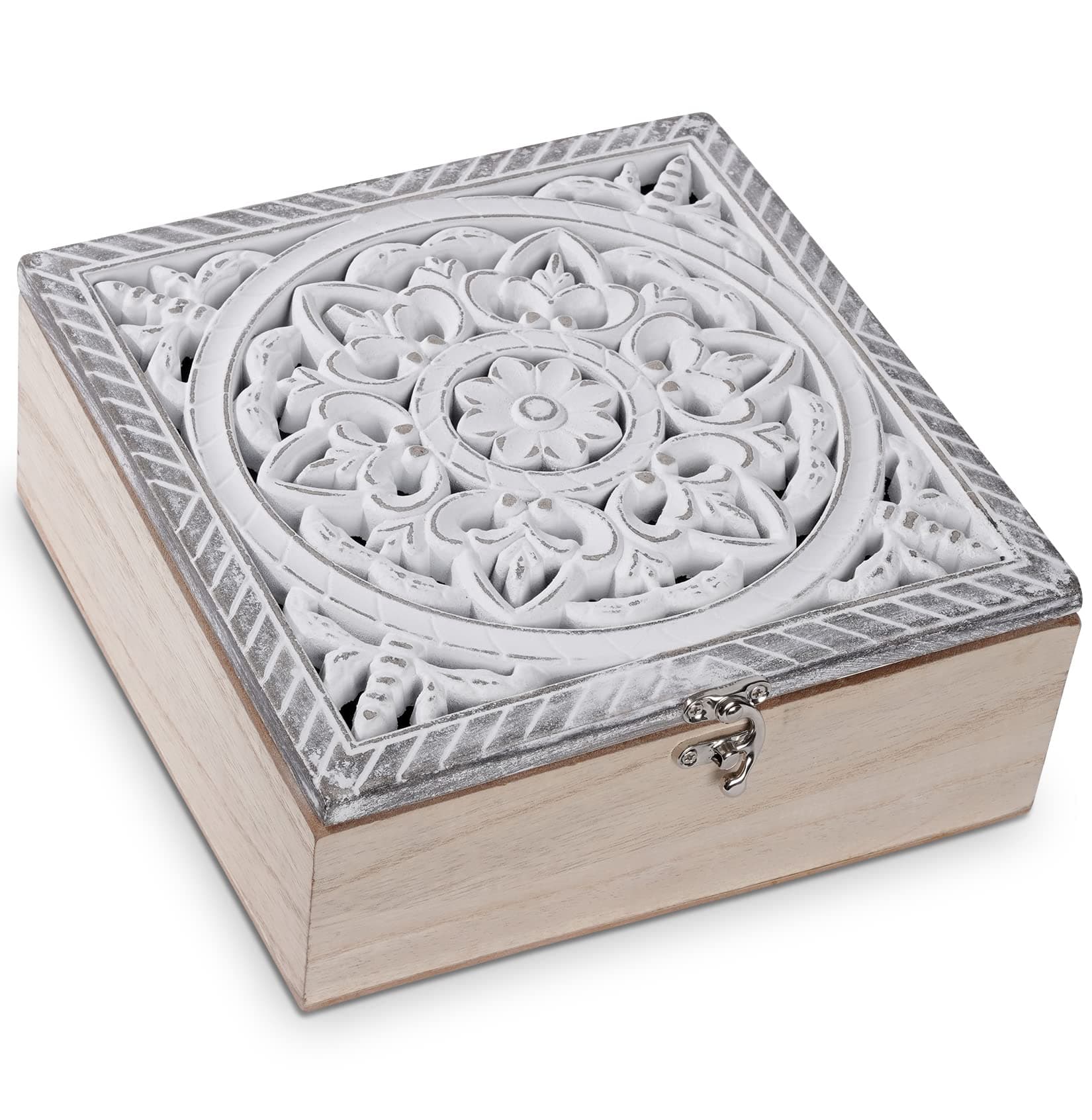 Tea Box, Wood Tea Bag Holder, Rustic Tea Caddy Chest,Tea Bag Organiser Tea Storage Box with Unique Floral 9 Compartments for Home Tea House