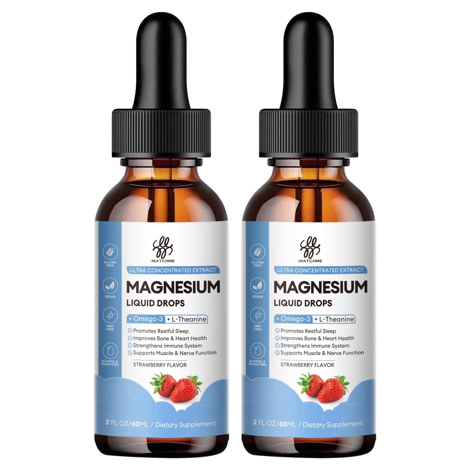 (2 Pack) Magnesium Glycinate Liquid Drop with Citrate, Oxide and Taurate, Calm Magnesium with Omega3, L-Theanine, D3, B6, B12 for Calm, Sleep, Leg Cramps, Muscles, Energy, Sugar-Free Strawberry Flavor