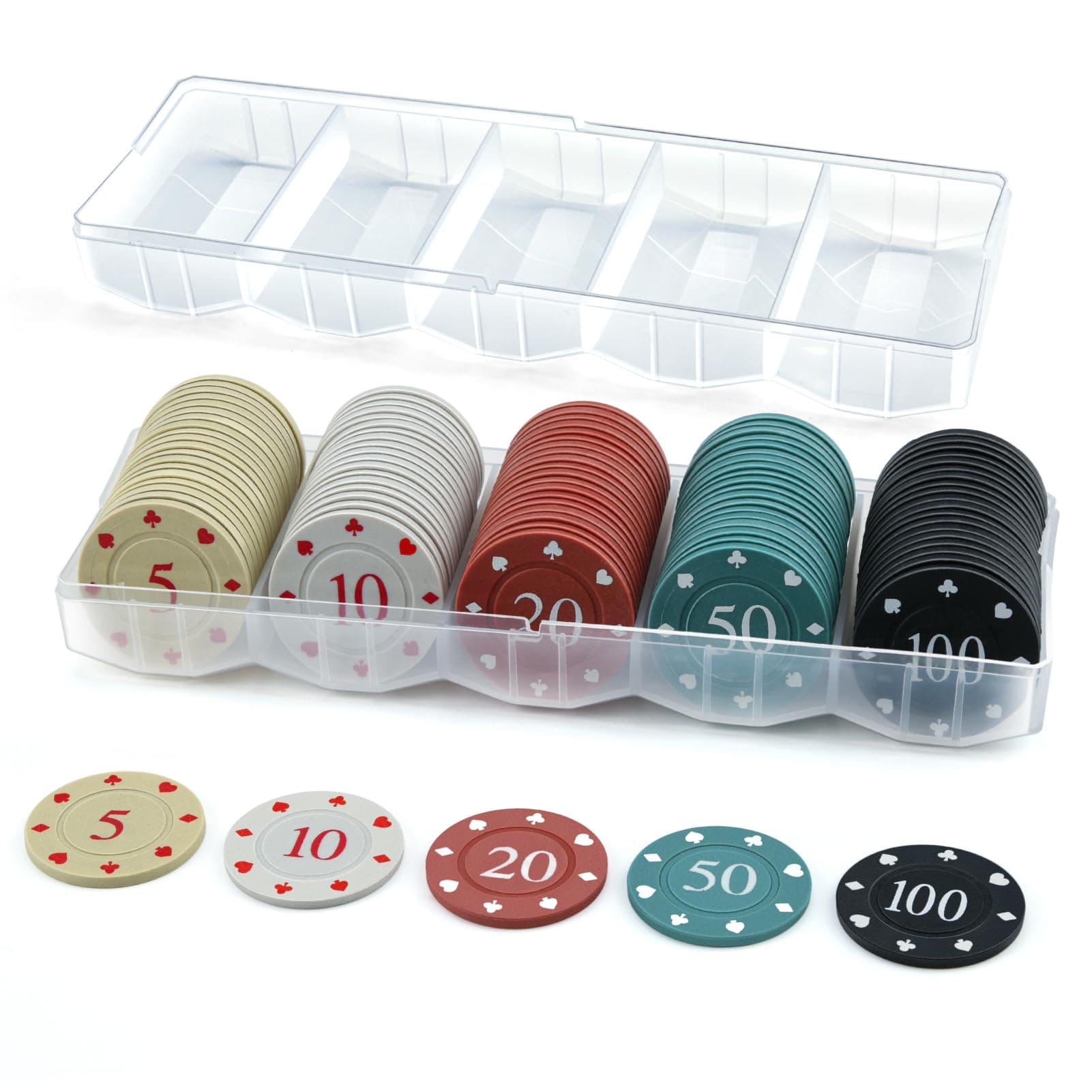 Poker Chips with Denominations, 100 Pieces Professional Casino Chips with Storage Box, Plastic Poker Chip Set, Mini Dice Striped Poker Set for Blackjack Texas Hold Games Travel Homes Parties