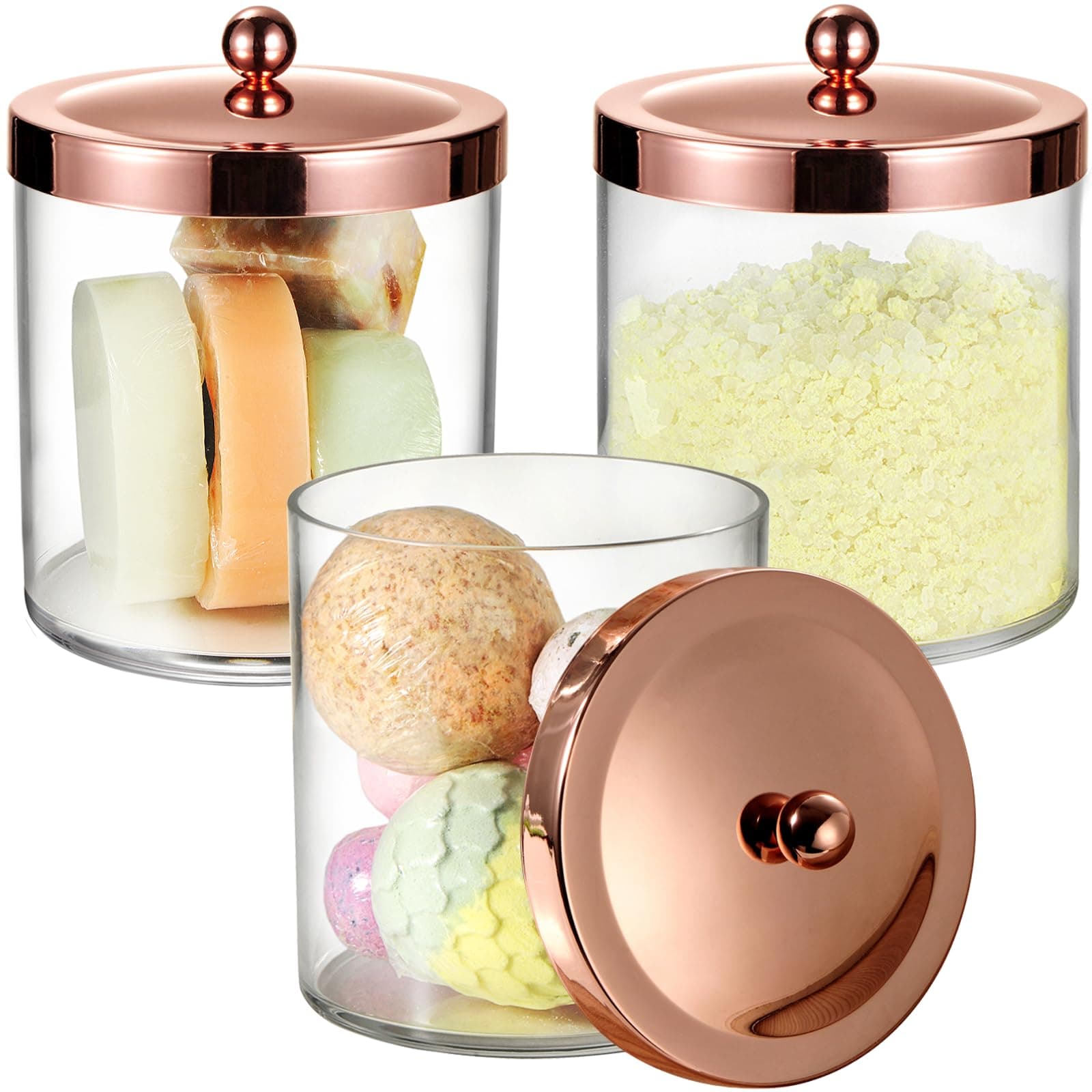 SheeChung 3 Pack 50 Oz Large Apothecary Jar with Rose Gold Rust-Proof Lid - Shatterproof Plastic Laundry Pods Container - Chic Rose Gold Bathroom & Vanity Storage Organizer for Scent Beads, Salts