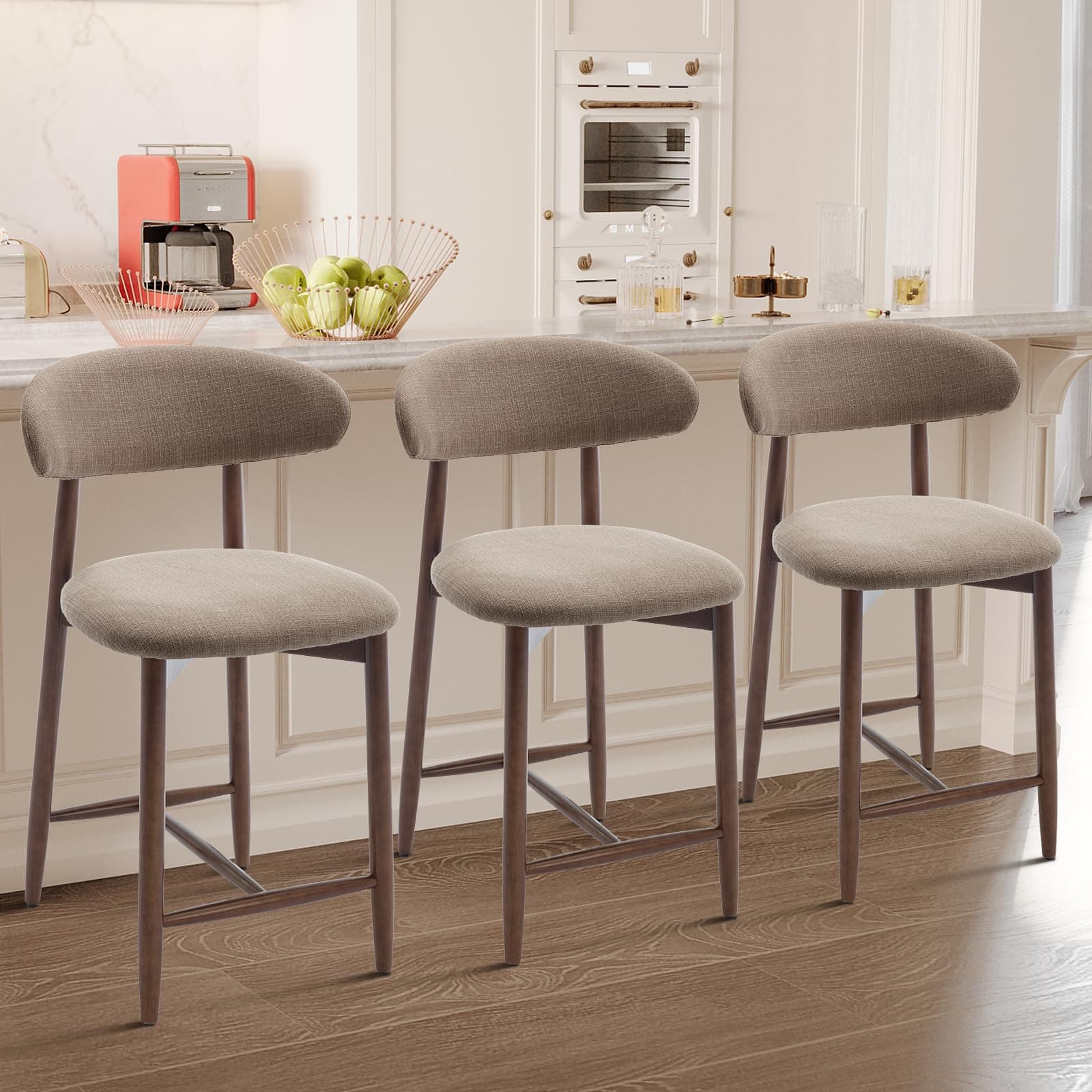 COLAMY Counter Height Bar Stools Set of 3, Kitchen Bar Stools with Back, Mid Century Modern Upholstered, with Wood Legs for Kitchen Island Dining Room, Camel