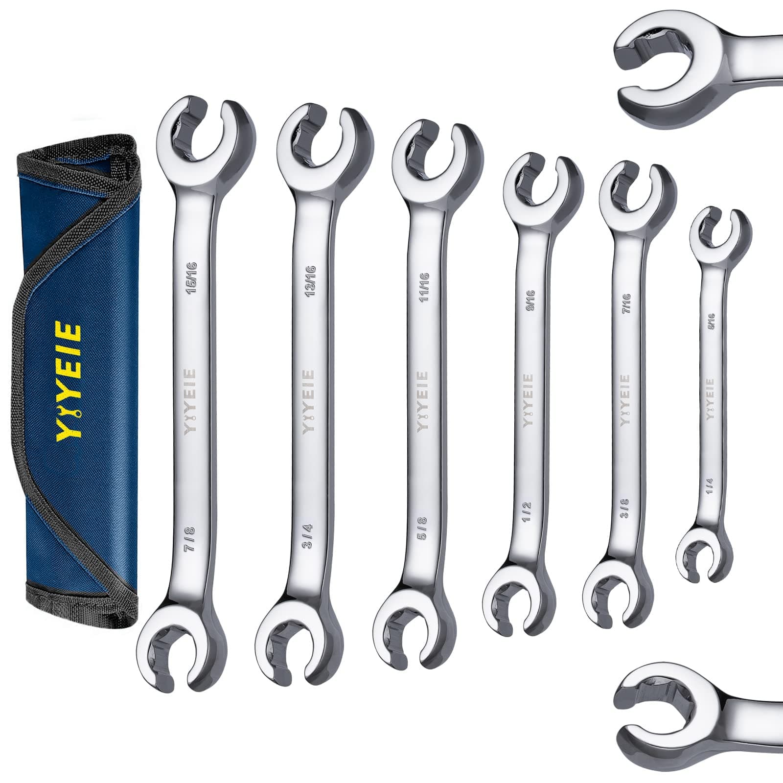 6 Pc. Flare Nut Wrench Set, SAE 1/4" to 15/16", CR-V Steel, Brake Fuel Line Wrench Set with Roll-up Pouch