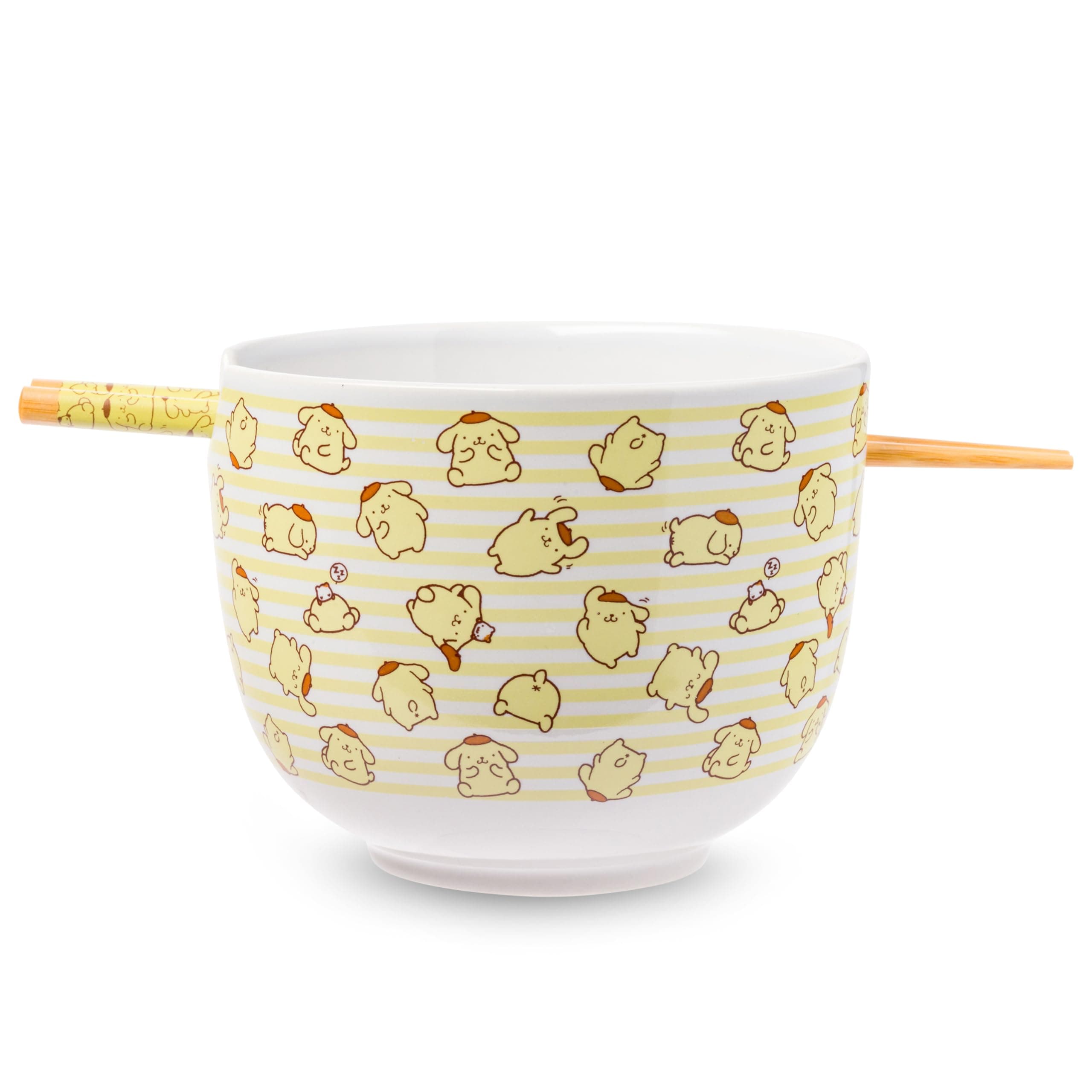Silver Buffalo Sanrio Pompompurin Multi Pose Stripes Ceramic Ramen Bowl with Chopsticks, 20 Ounces