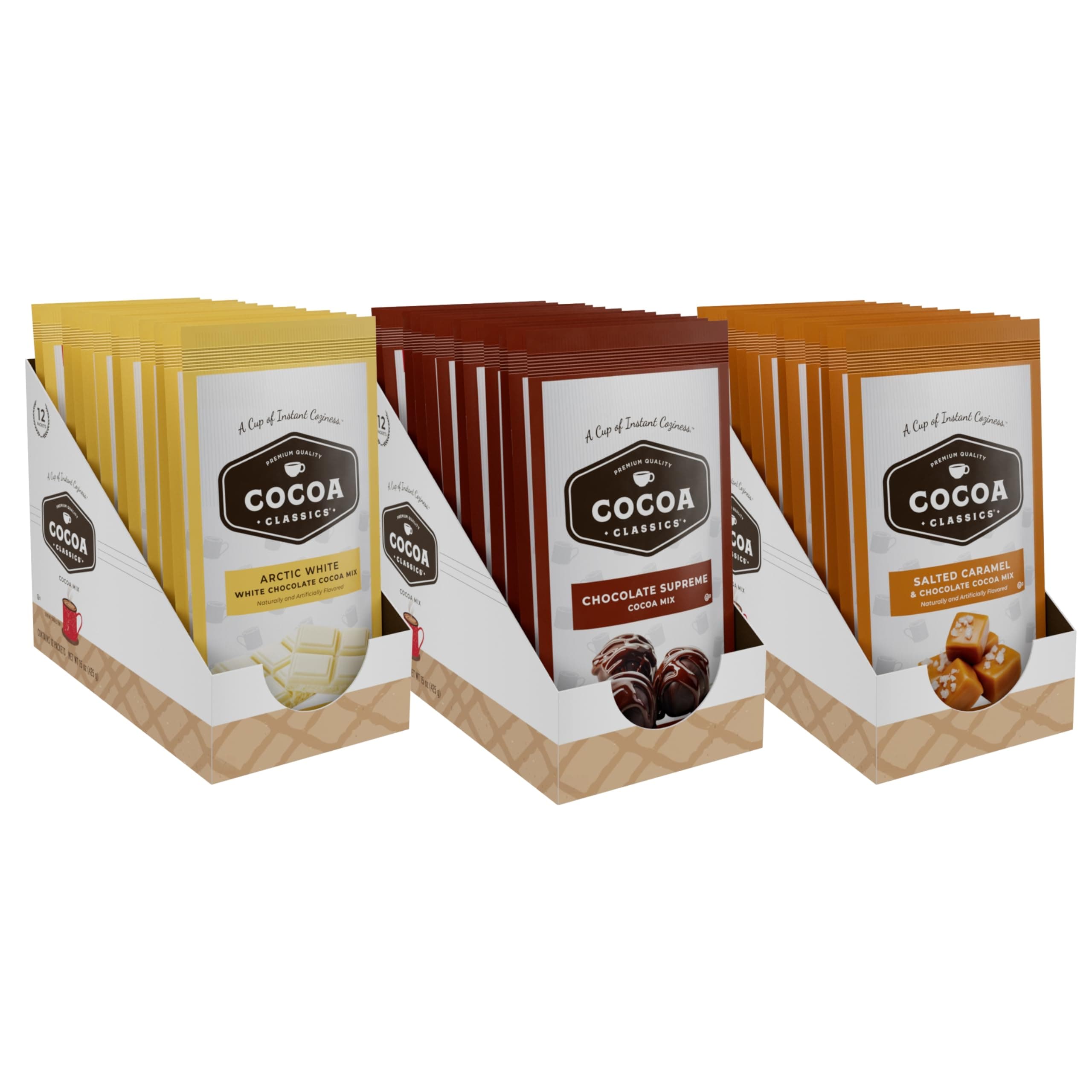 Cocoa Classics Variety Pack: Cocoa Mix, Chocolate Supreme, Arctic White, Salted Caramel Hot Chocolate Made with Nonfat Milk, Just Add Water, Make Hot or Iced, 1.25oz Packets (Pack of 36)