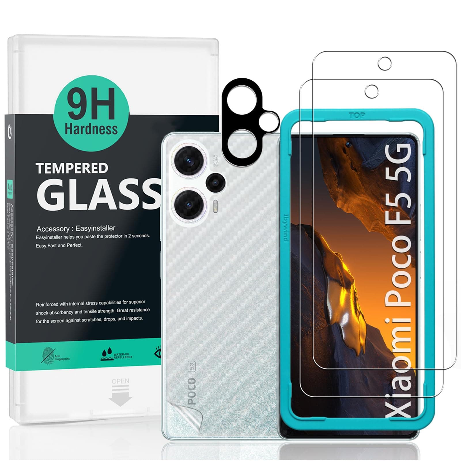 Screen Protector for Xiaomi Poco F5 5G(6.67") 2 Pack+1 Pack Camera Len Protector+1 Back Film,9H Tempered Glass,HD,Scratch Resistant,Bubble Free,Easy Install
