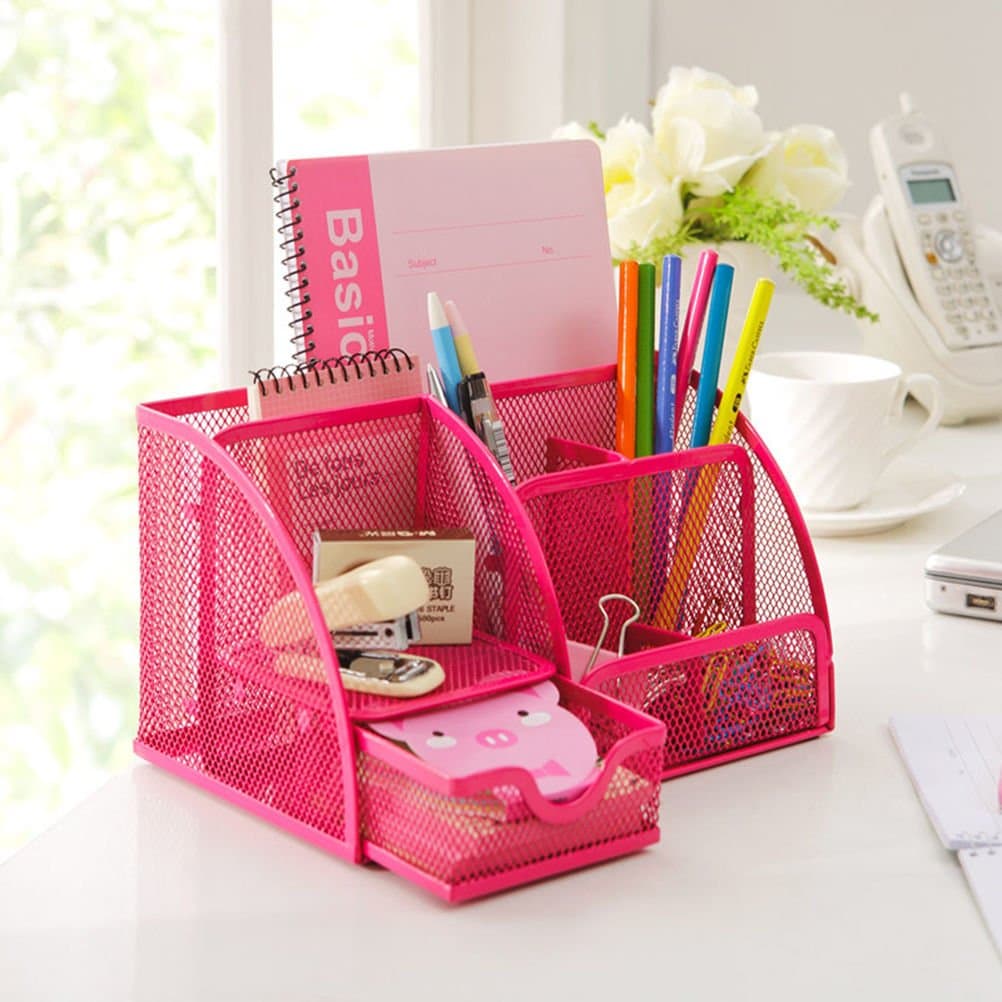 HK Home 5 Compartment MESH Desk Organiser with Drawer -Office Stationery & Memo Block Holder Includes Stationery Starter Set (Pink)