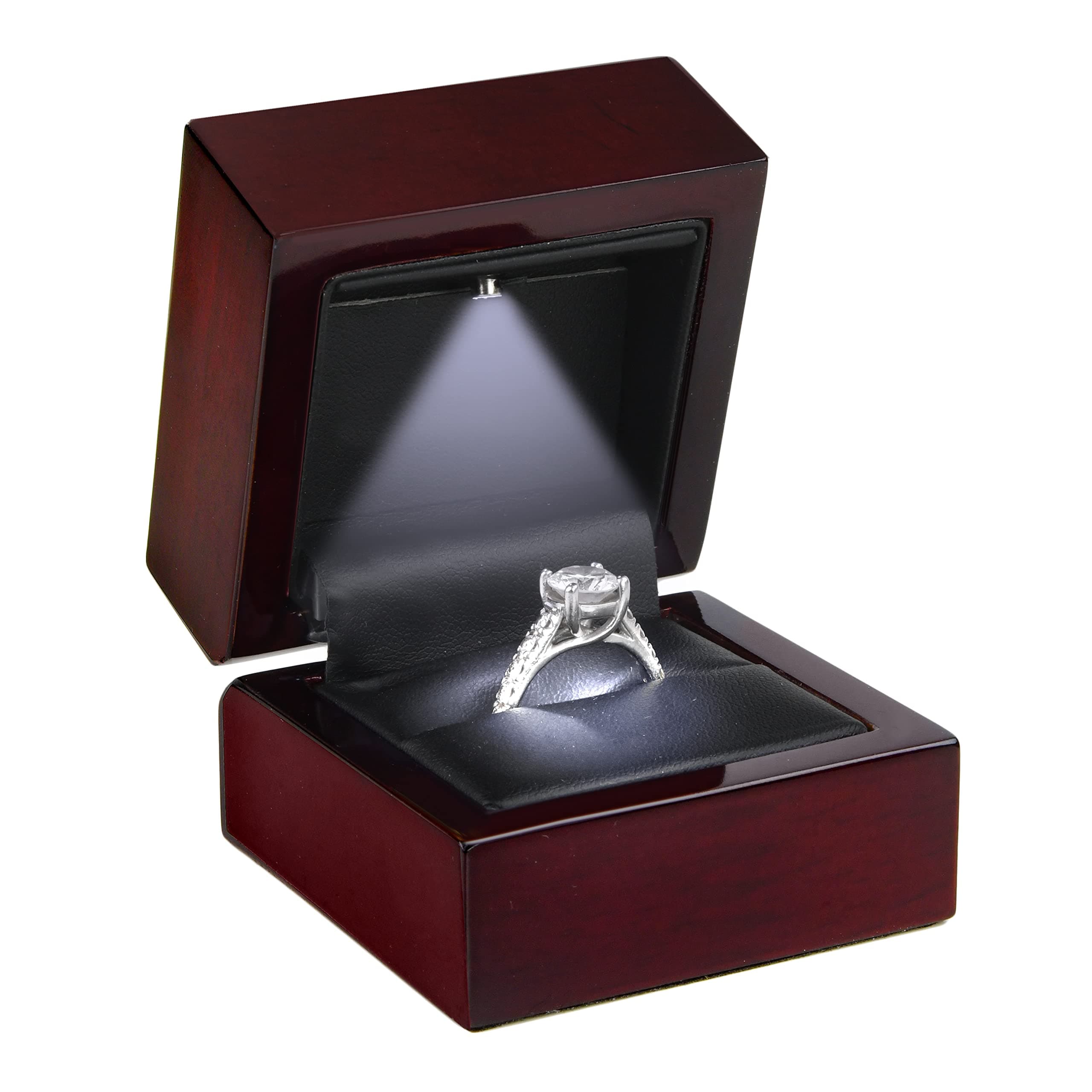 Allure - Luxury Ring Box With LED Light, Authentic Mahogany Wood With Black Leatherette Insert, Square Elegant Diamond Ring Case, For Unique Proposal Or Wedding, Small Jewelry Display Gift Box.