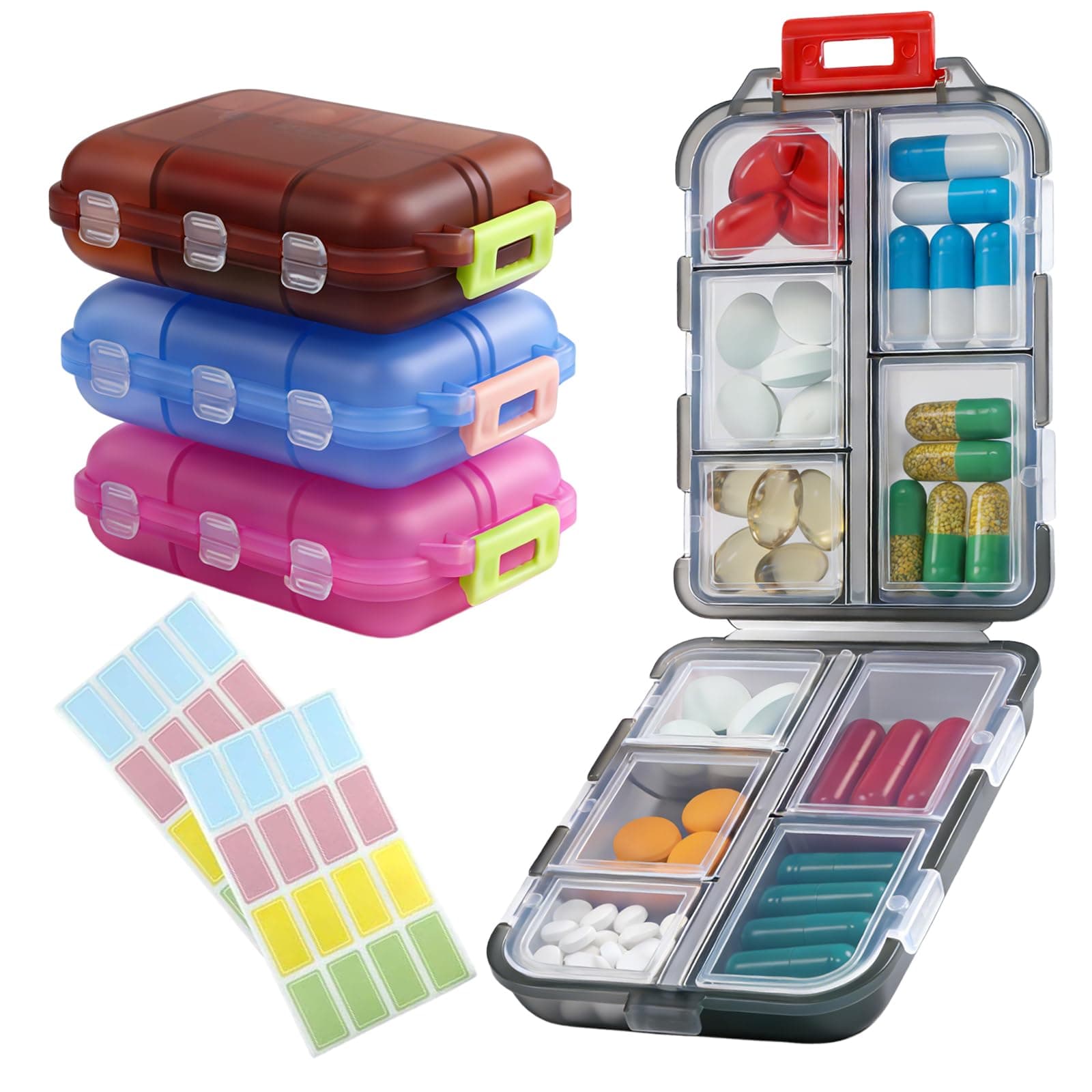 4 Pack Travel Pill Organizer,Small 10 Grid Compartments Pocket Pharmacy,Portable Medicine Container Case,Mini Daily Weekly 7 Day Medication Organizer