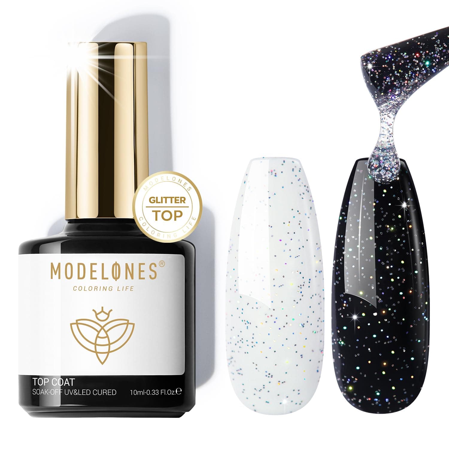 modelones Glitter Gel Top Coat, Reflective Iridescent Silver Mix Glitter Sparkle Clear Gel Polish No Wipe Glossy Confetti Sparkly Long Lasting Rainbow Shimmer Soak Off Nail Art Manicure Gift
