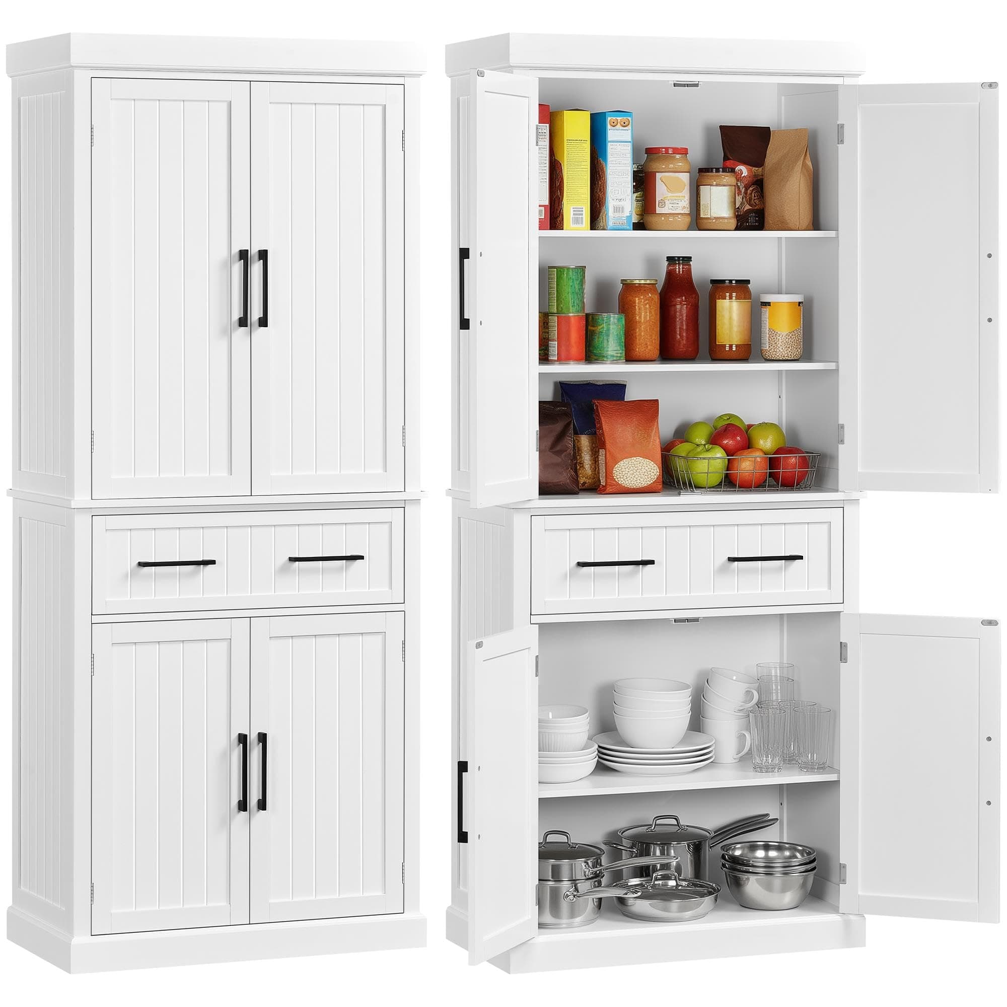 Yaheetech 72.5" Kitchen Pantry Storage Cabinet with Drawer, Freestanding Pantry Cupboard with Doors and 2 Adjustable Shelves, Modern Utility Pantry Cabinet for Dinning Room, Living Room, White