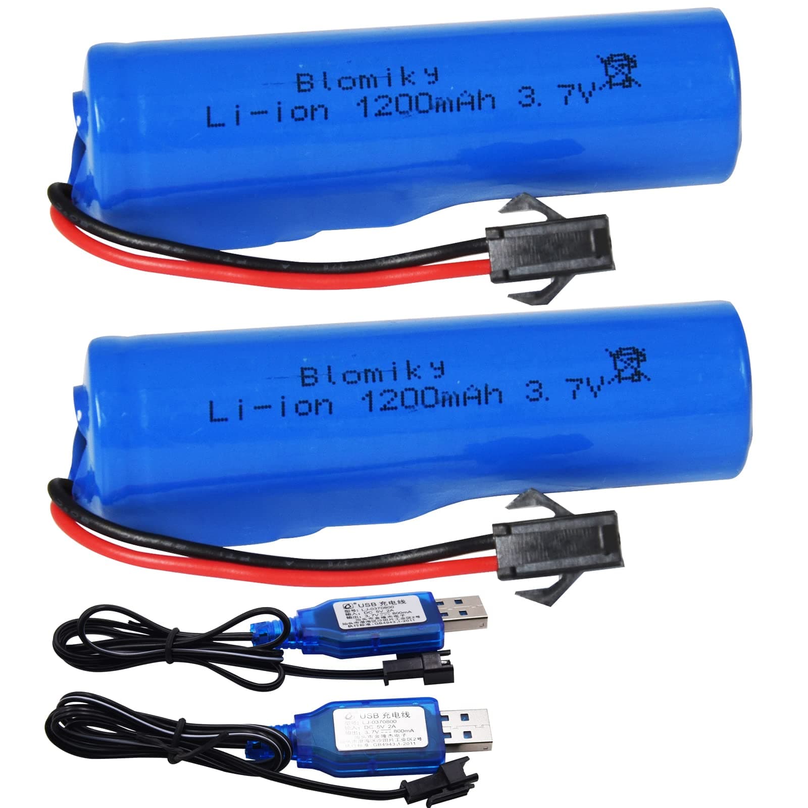 3.7V 1200mAh 2 Pack Li-ion Rechargeable Battery with SM2P Plug and USB Cable for Remote Control Cars Trucks 3.7V 1200mAh 2