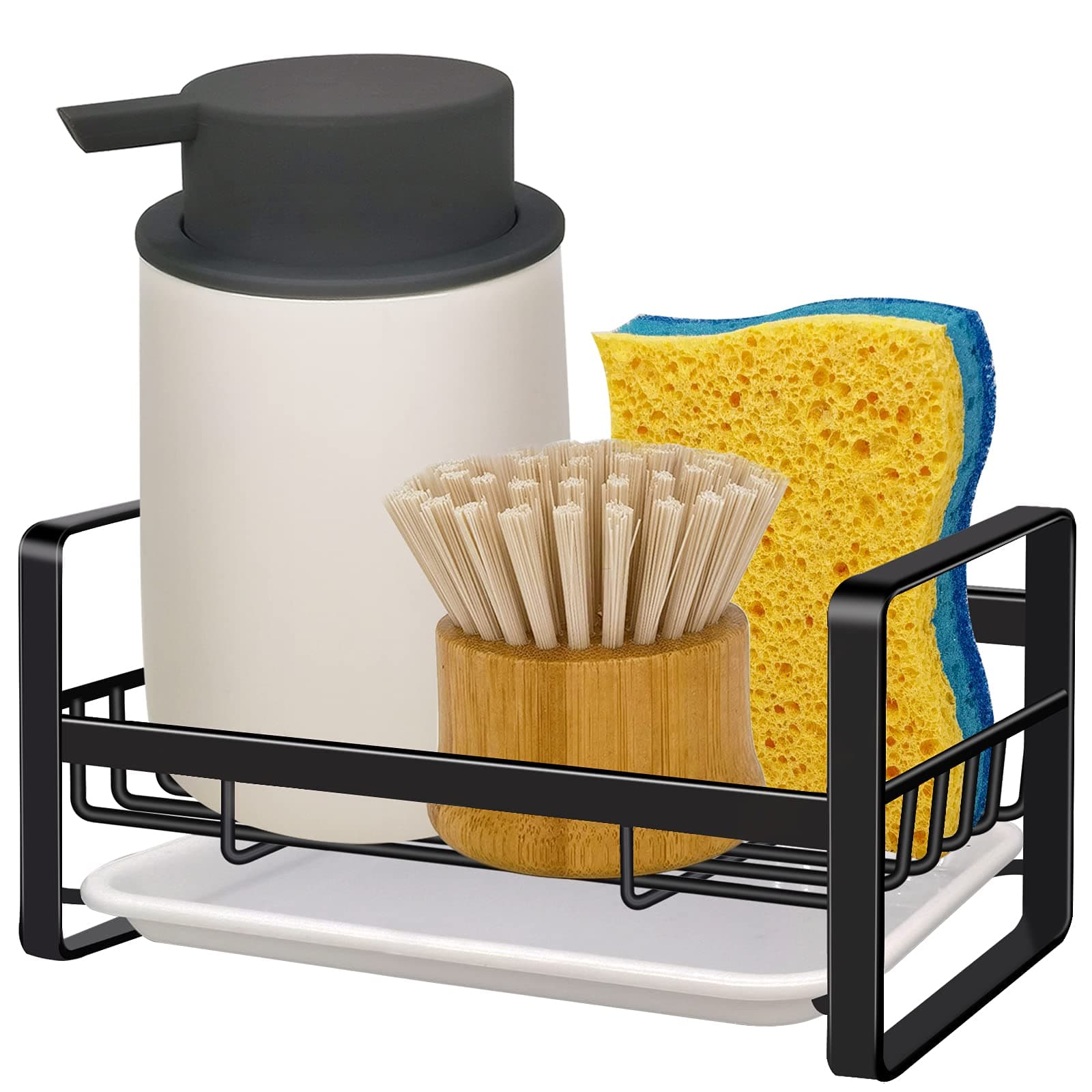 Kitchen Sink Caddy Sponge Holder Sink Organizer, Sink Tray Drainer Rack, Soap Dish Dispenser Brush Holder Storage Accessories -Countertop or Adhesive