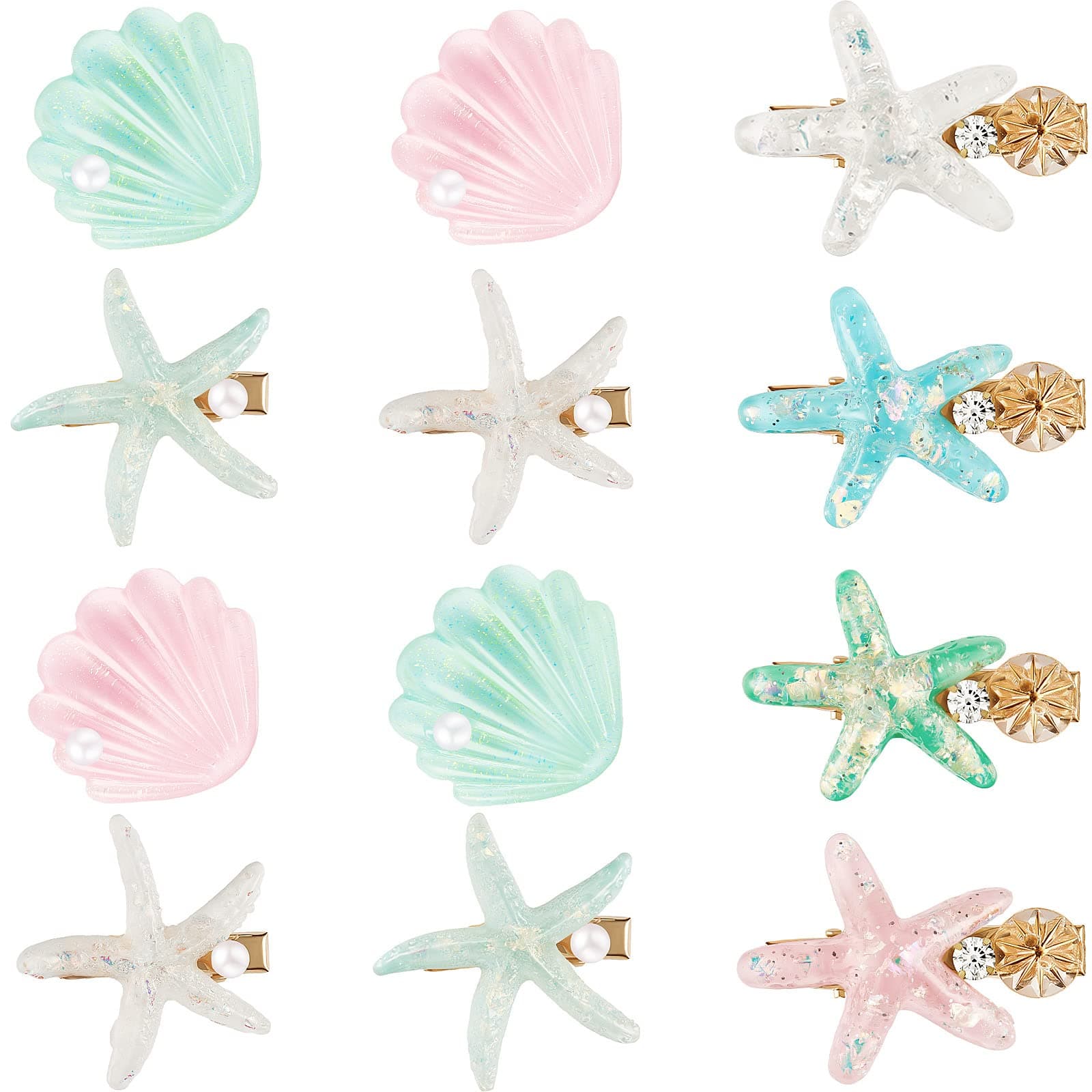 WILLBOND12 Pieces Artificial Shell Pearl Starfish Seashell Hair Clip Set Acrylic Resin Girl Lady Hair Clip Headdress Hairstyle Tool Accessories Beach Wedding Supplies (Charming)