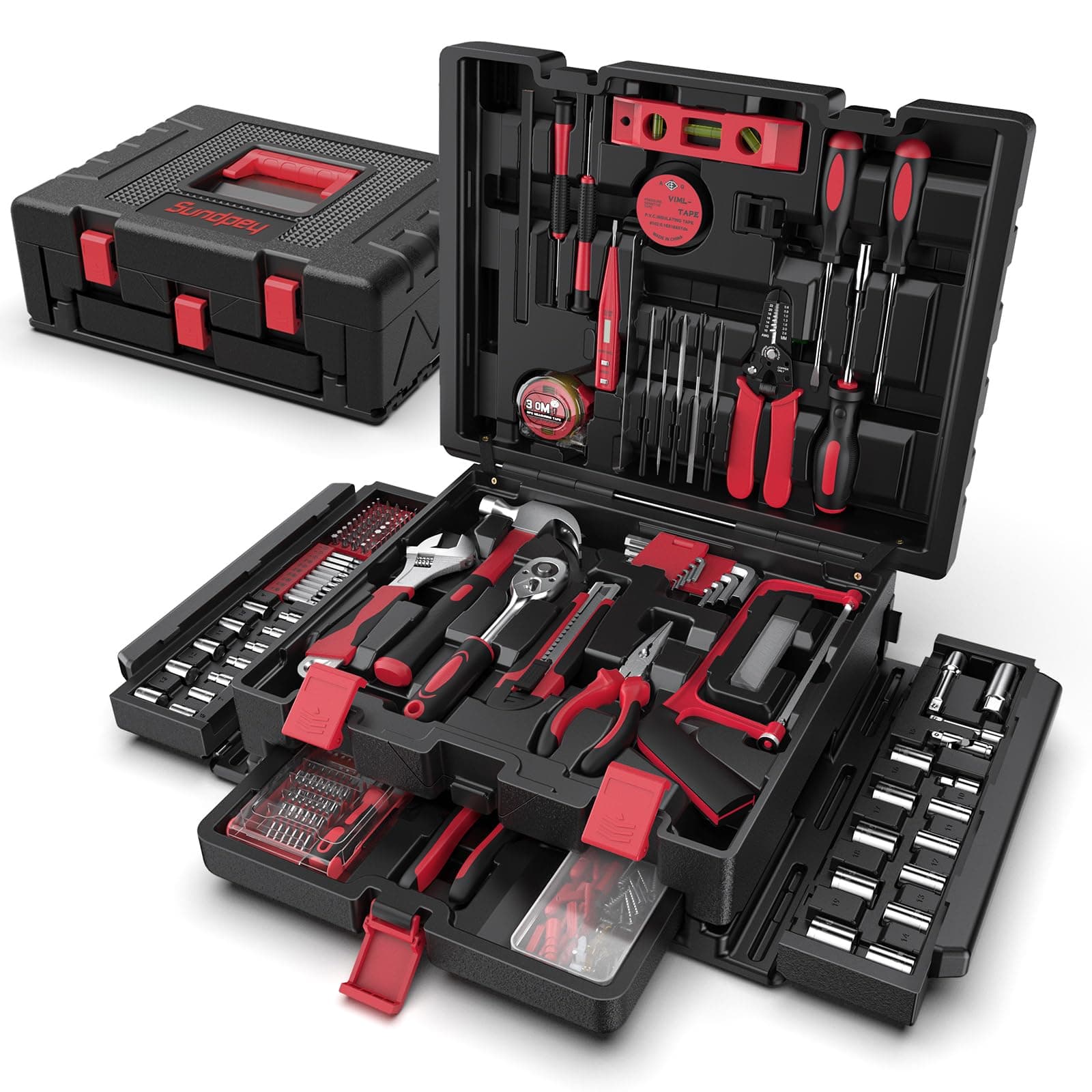 Home Tool Kit with Drawer - 379-PCs Portable Complete Household and Auto Repair Tool Set - Hand General Basic Tool Box Storage Case - Full Basic Toolkit for Handyman & Diyer & Homeowner Red
