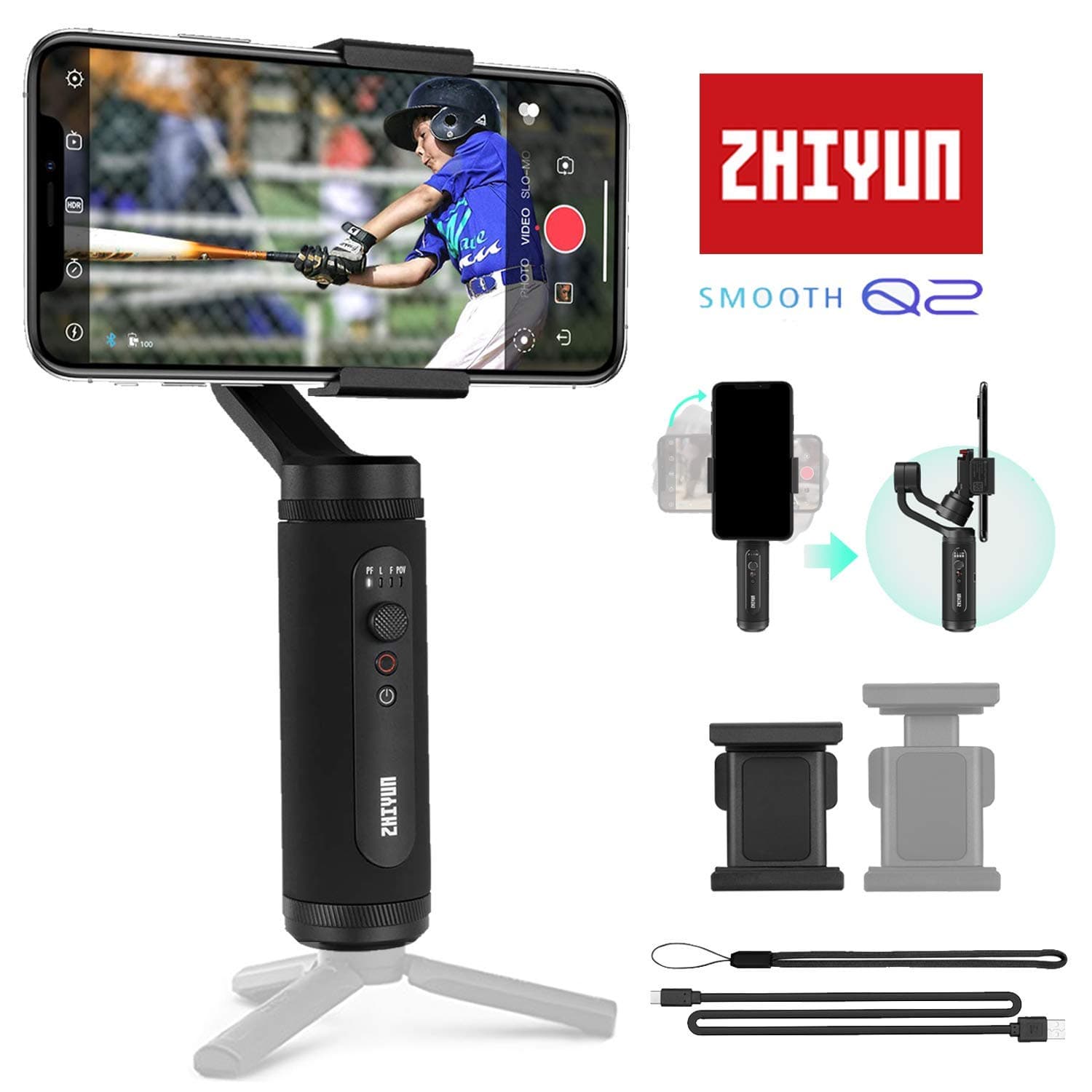 Premsons Zhiyun Smooth Q2 3 Axis Handheld Gimbal for Smartphone 360 Degree Rotation, iOS and Android Supported, Quick Release 17h Running Time (Small, Pocket Size, 260 g Max. Payload)