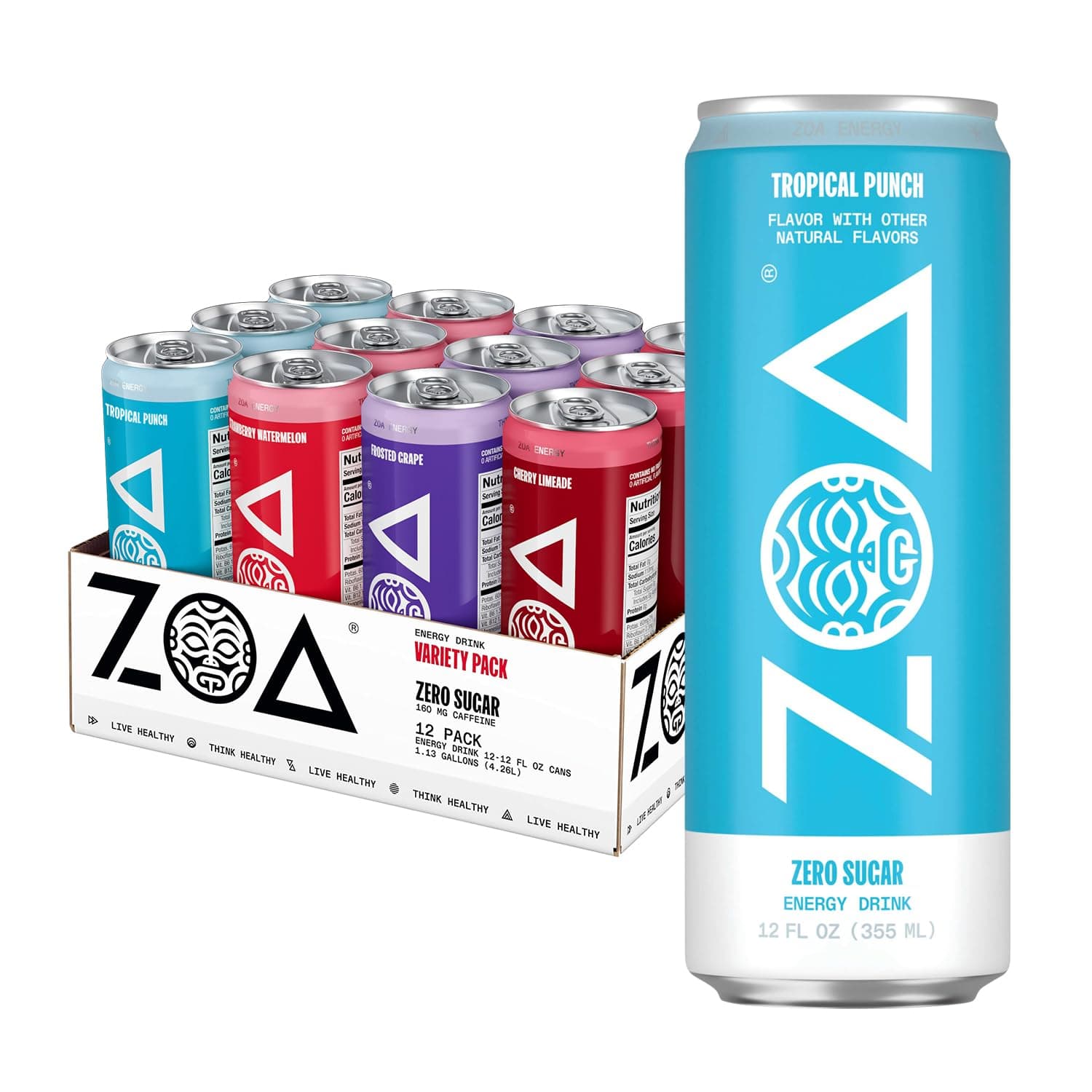 ZOA Zero Sugar Energy Drinks with Electrolytes, Vitamin C, Amino Acids, B-Vitamins, Made with Green Tea Caffeine, Sugar-Free Variety Pack- Four Flavors, 12 Fl Oz Cans (12-Pack)