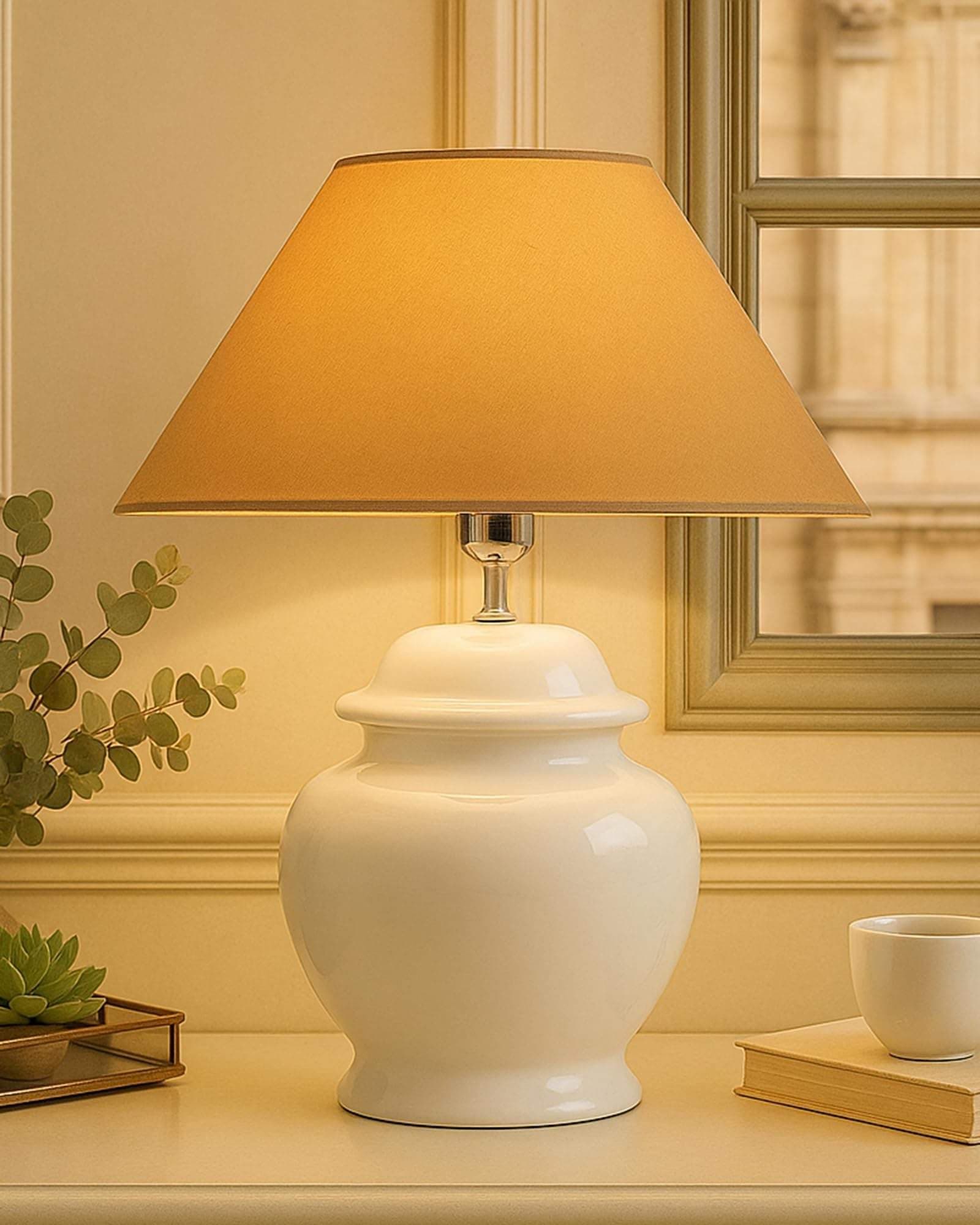 Homesake Ceramic Pot Shaped Base White Table Lamp for Living Room, Bedside, Bedroom & Study | Nightstand | Modern Decorative Night Lamp with LED Bulb, Shade for Home Decor, Golden Cone Shade