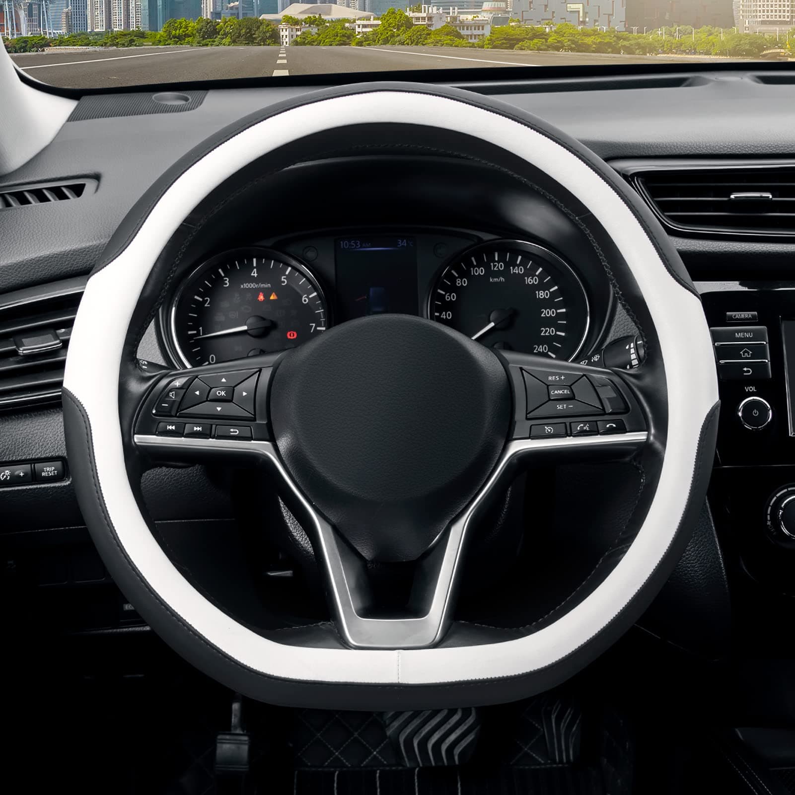 SEG Direct Flat Bottom Steering Wheel Cover, D Shaped Car Wheel Cover 14 1/2-15 in. (37-39 cm), Black White Microfiber Leather