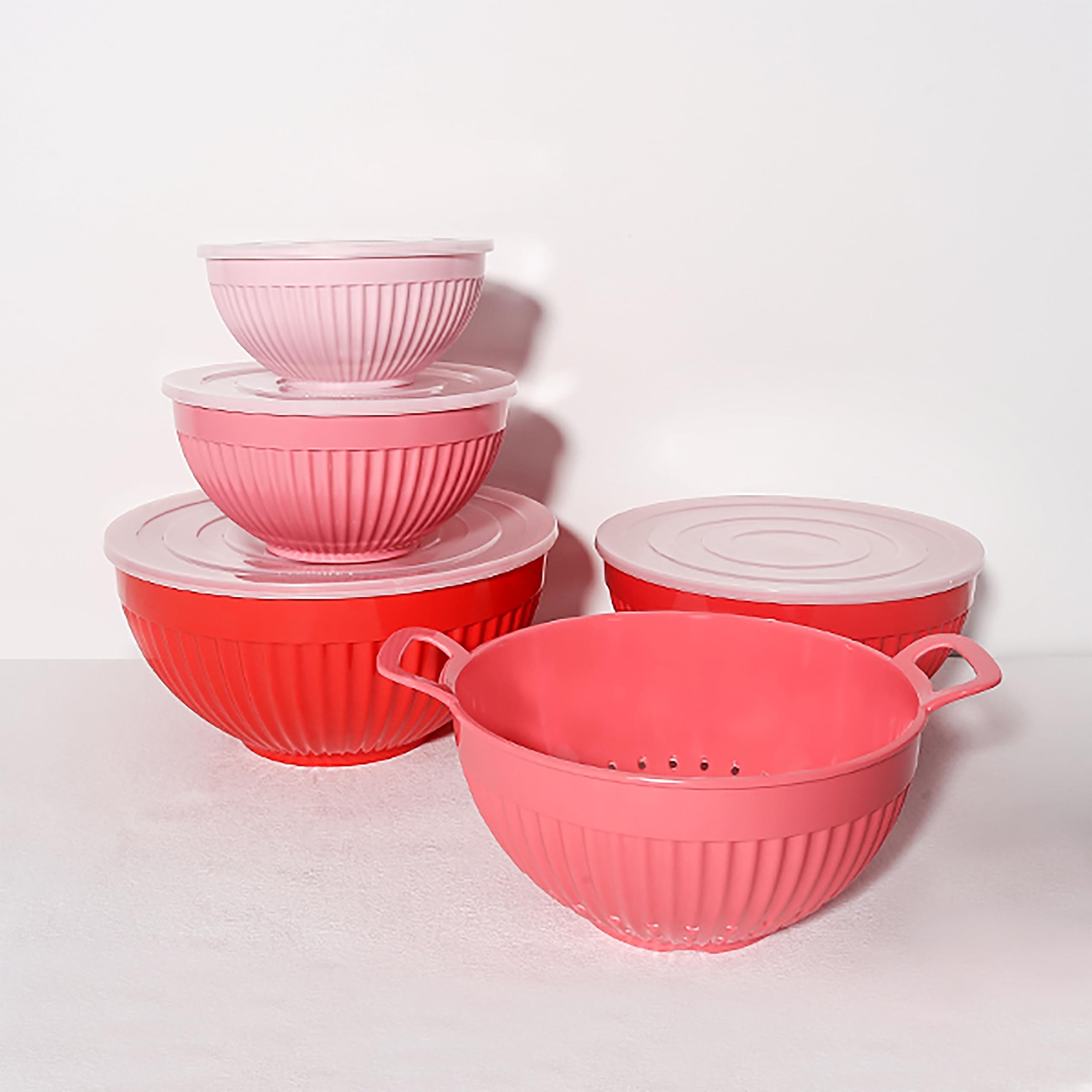 Mixing Bowl Set (5 Pieces + 4 Lids) | Nested Melamine | 7, 8, 10, 11” Bowls & 9” Colander | Cooking, Mixing, Baking, Prepping, Stirring, Serving | Space-Efficient Storage | Design & Color (Pink)