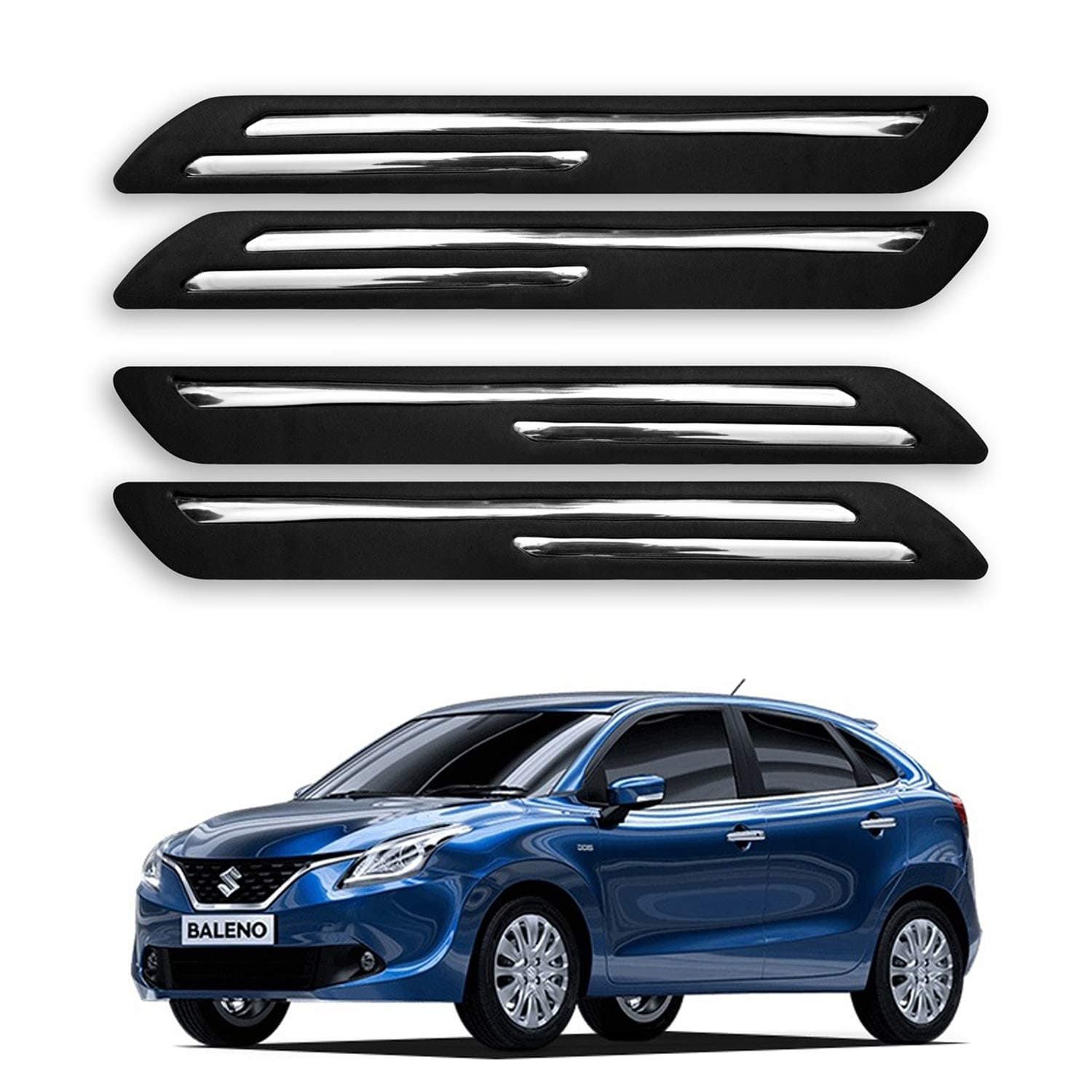 Car Bumper Protector Guard for Maruti Suzuki Baleno with Rust Proof Double Chromium Strip (Black Set of 4-Pcs)