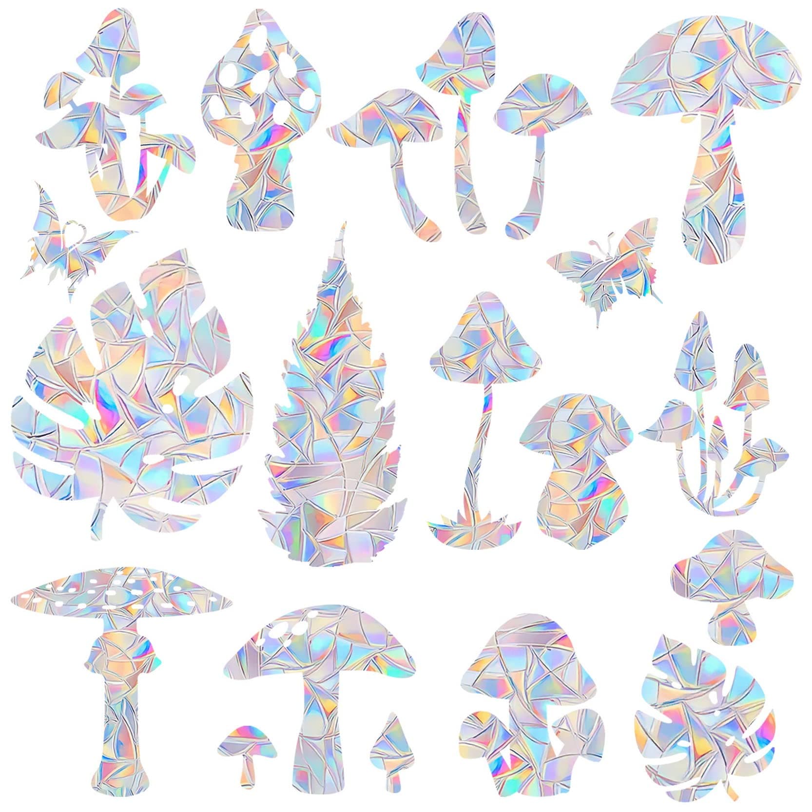 15 Mushroom & 3 Leaf Window Clings - Anti-Collision Decals to Save Birds, Reusable Vinyl Rainbow Stickers