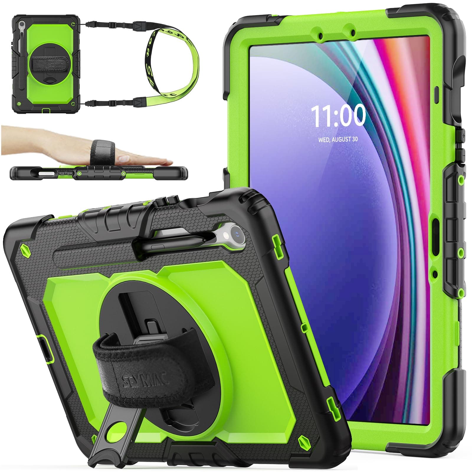 SEYMAC stock Case for Samsung Galaxy Tab S10 Lite / S10 FE / S9 FE 5G / S9 Tablet Case 10.9''/ 11'' Protective with Screen Protector, Pen Holder, 360 Rotate Stand, Hand Strap, Shoulder Strap, Green