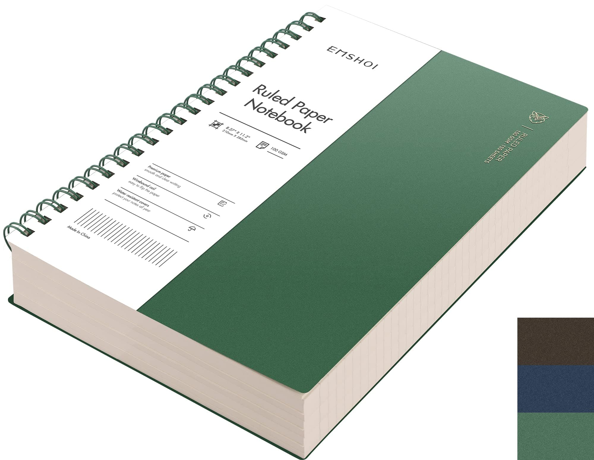 EMSHOI A4 Spiral Notebook College Ruled Lined Journal, 11.2" X 8.27", 300 Pages/150 Sheets, Easy Tear Perforated Pages, 100gsm Thick Paper, Waterproof Softcover, for School Work Writing-Green