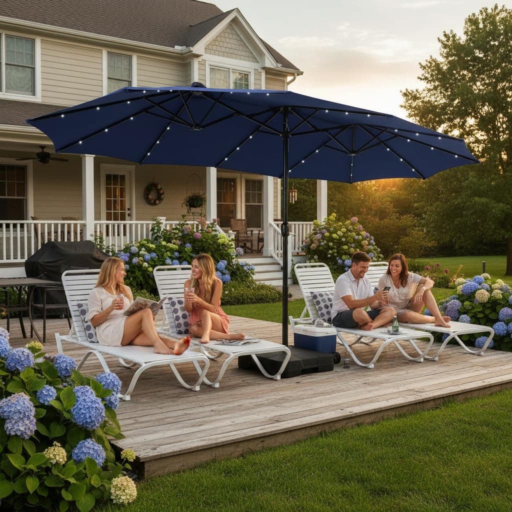 PHI VILLA 15ft Large Patio Umbrella with Solar Lights, Double-Sided Outdoor Market Rectangle Umbrellas with 36 LED Lights, Umbrella Base (Stand) Included, Navy Blue
