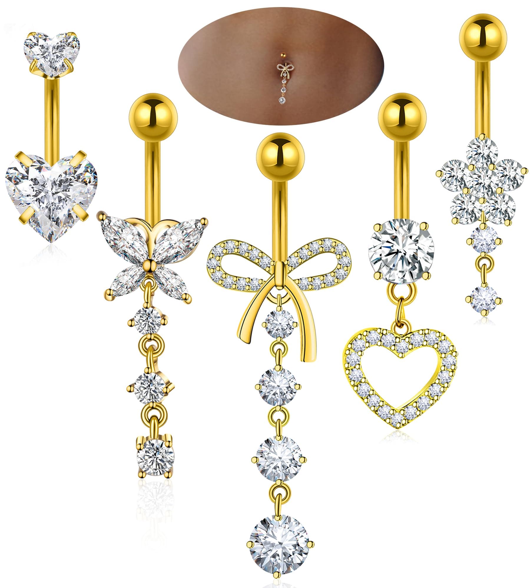 Belly Button Ring Dangle Navel Belly Piercing Jewelry Cute Pink CZ Heart Butterfly Bow Flower Navel Belly Rings for Women 14G Silver Stainless Steel Dainty Dangly Dangling Belly Button Piercing