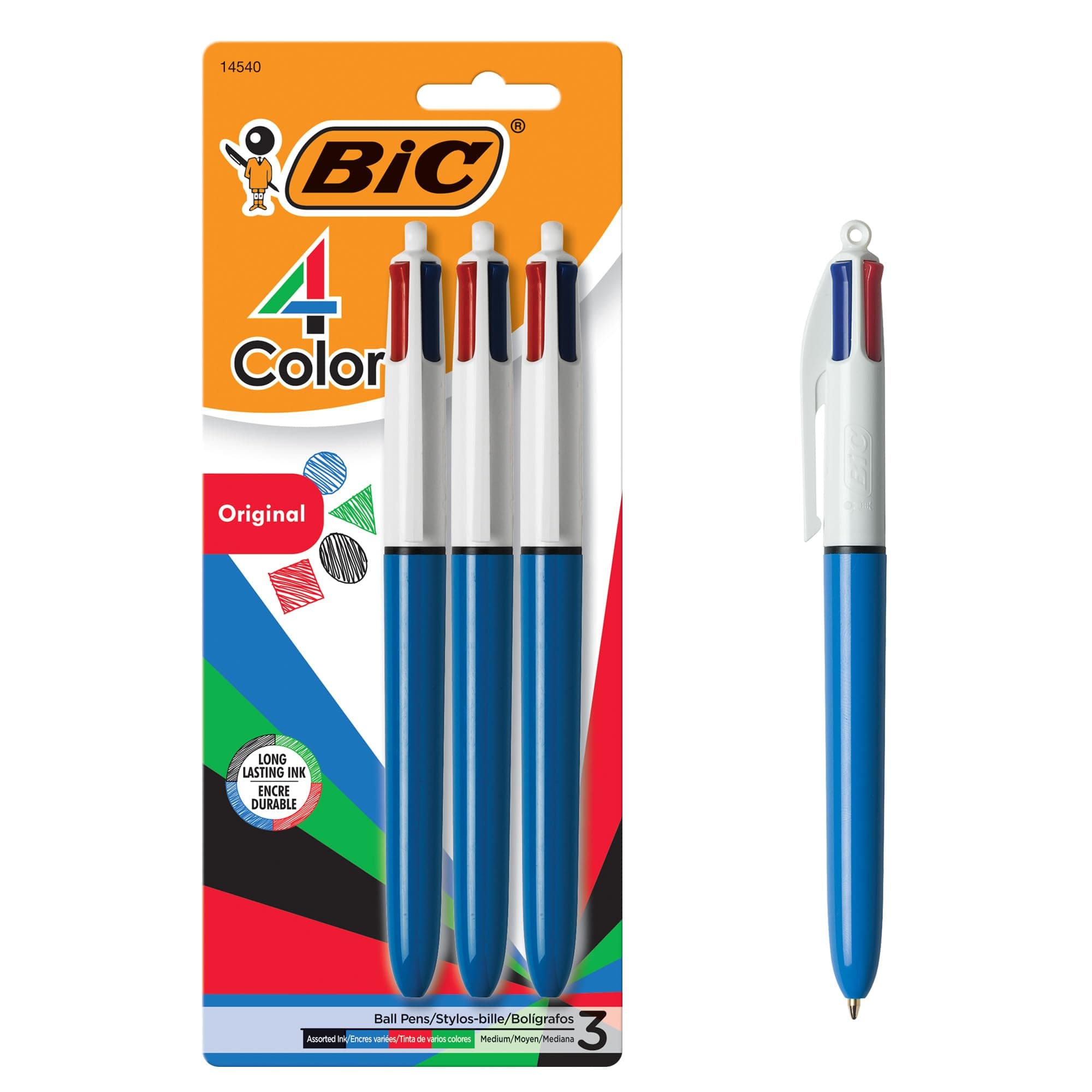 4-Color Original Retractable Ball Pens, Versatile 1.0mm Medium Point, Long-Lasting Ink, Great Gift Idea, 3-Count in Assorted Colors