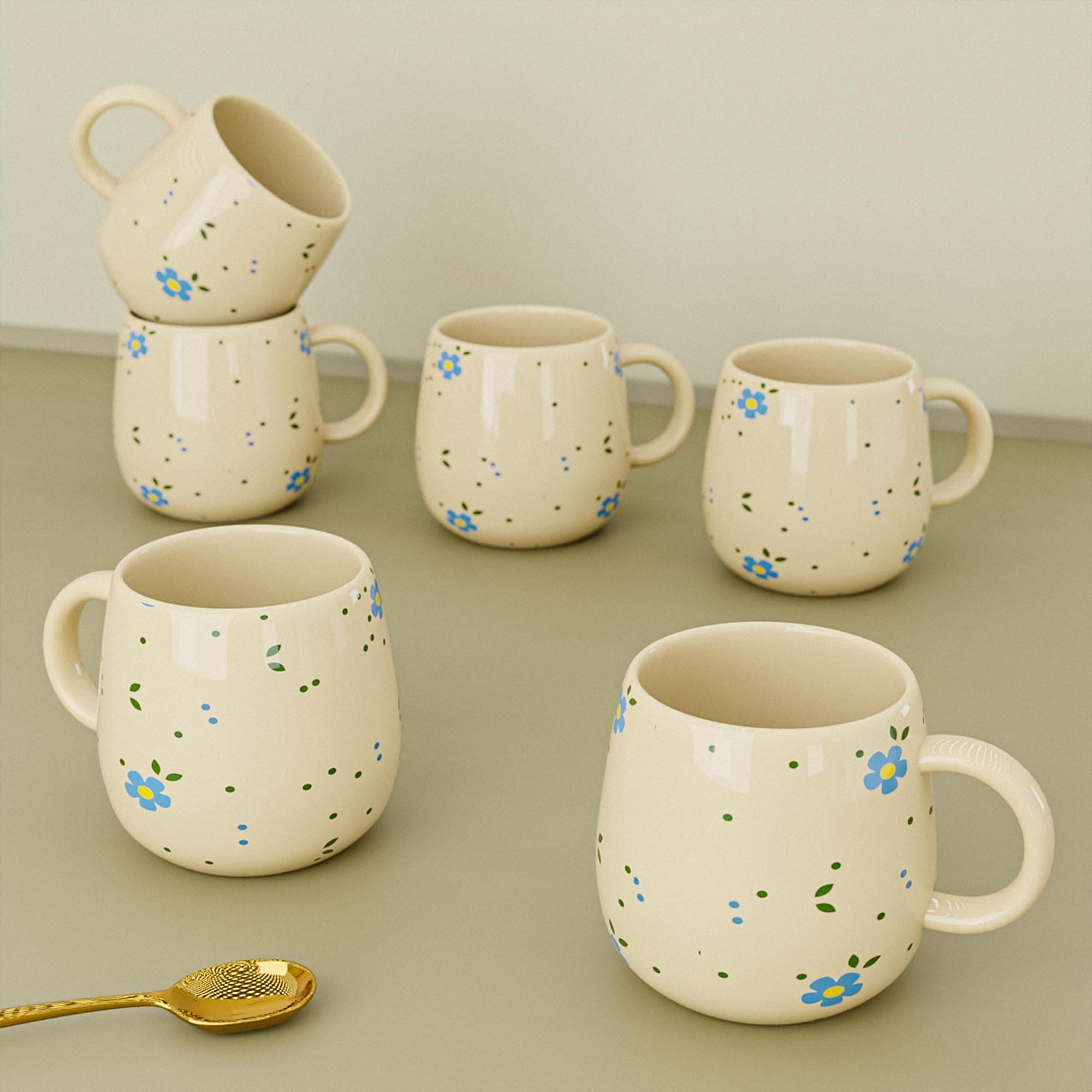 The Earth Store Ovule Flower Ceramic Cup Set of 6 for Tea, 160ML | Microwave and Dishwasher Safe Cup Set for Coffee, Perfect for Every Occasion, Gifting