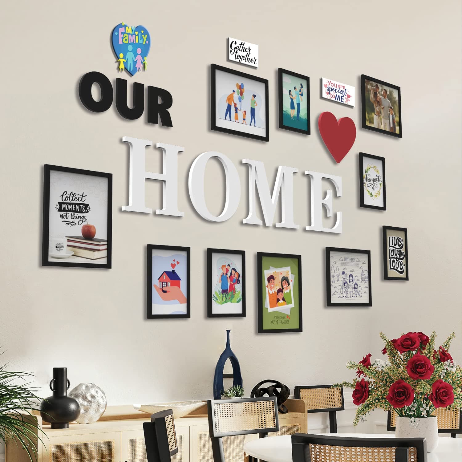 RANDOM Photo Frame For Wall Set of 10 3D Collage photo frames with OUR HOME & HEART Plaque For Home Decoration, Wall Decor (8"X10"=5pcs,6"x8"=5pcs)