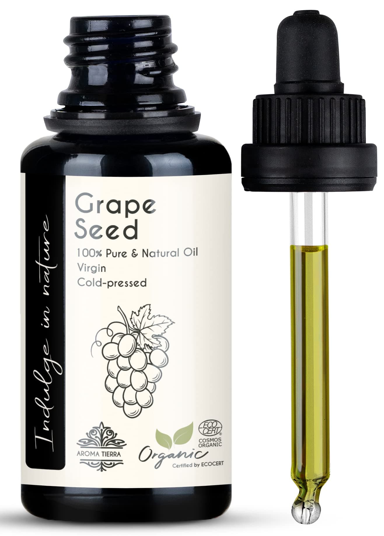 Grape Seed Oil - 100% Pure Organic Cold Pressed Unrefined - For Face Skin Hair Body - 30ml
