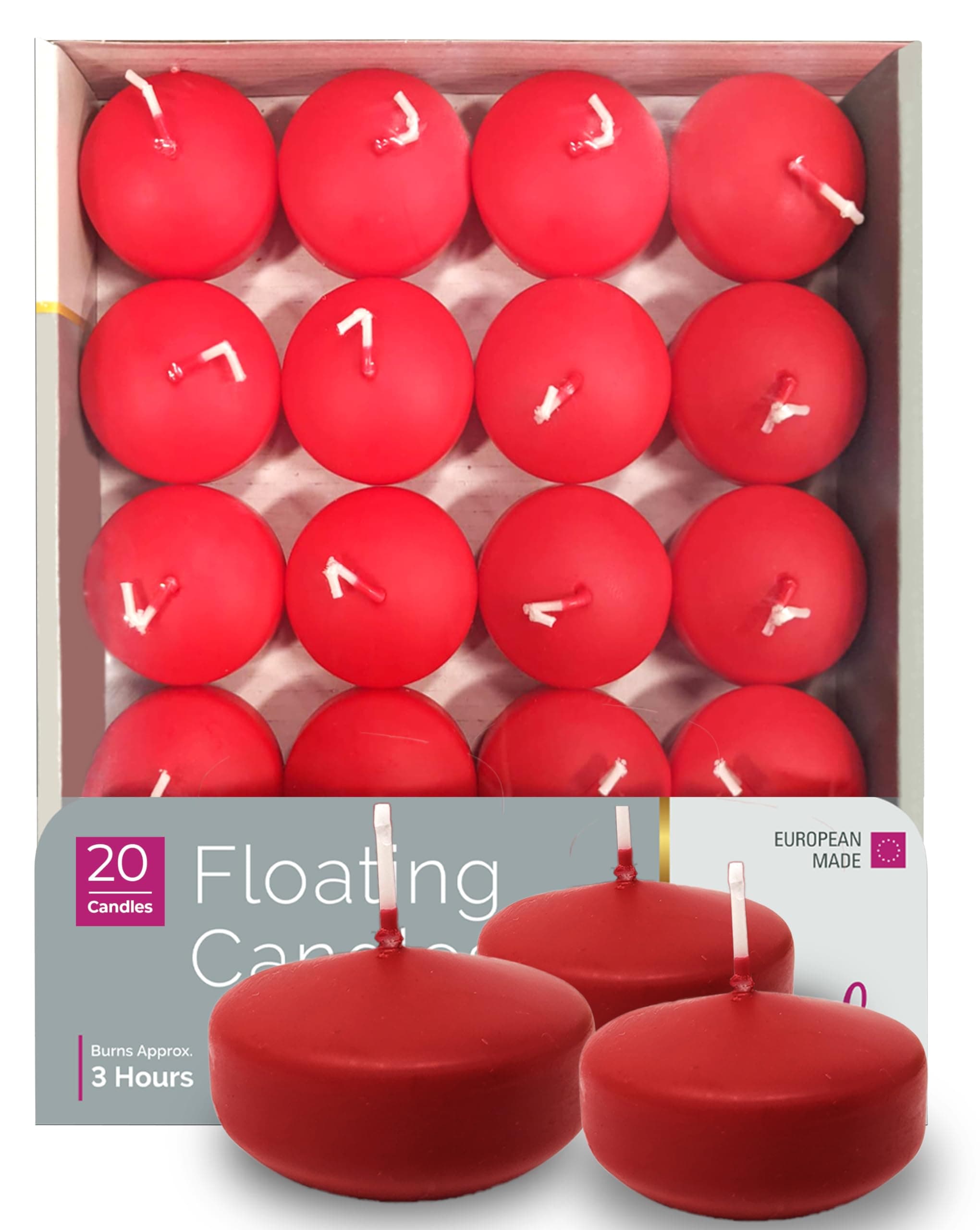 Premium Red Floating Candles 1.75 Inch - 3 Hour - 20 Pack - European Made