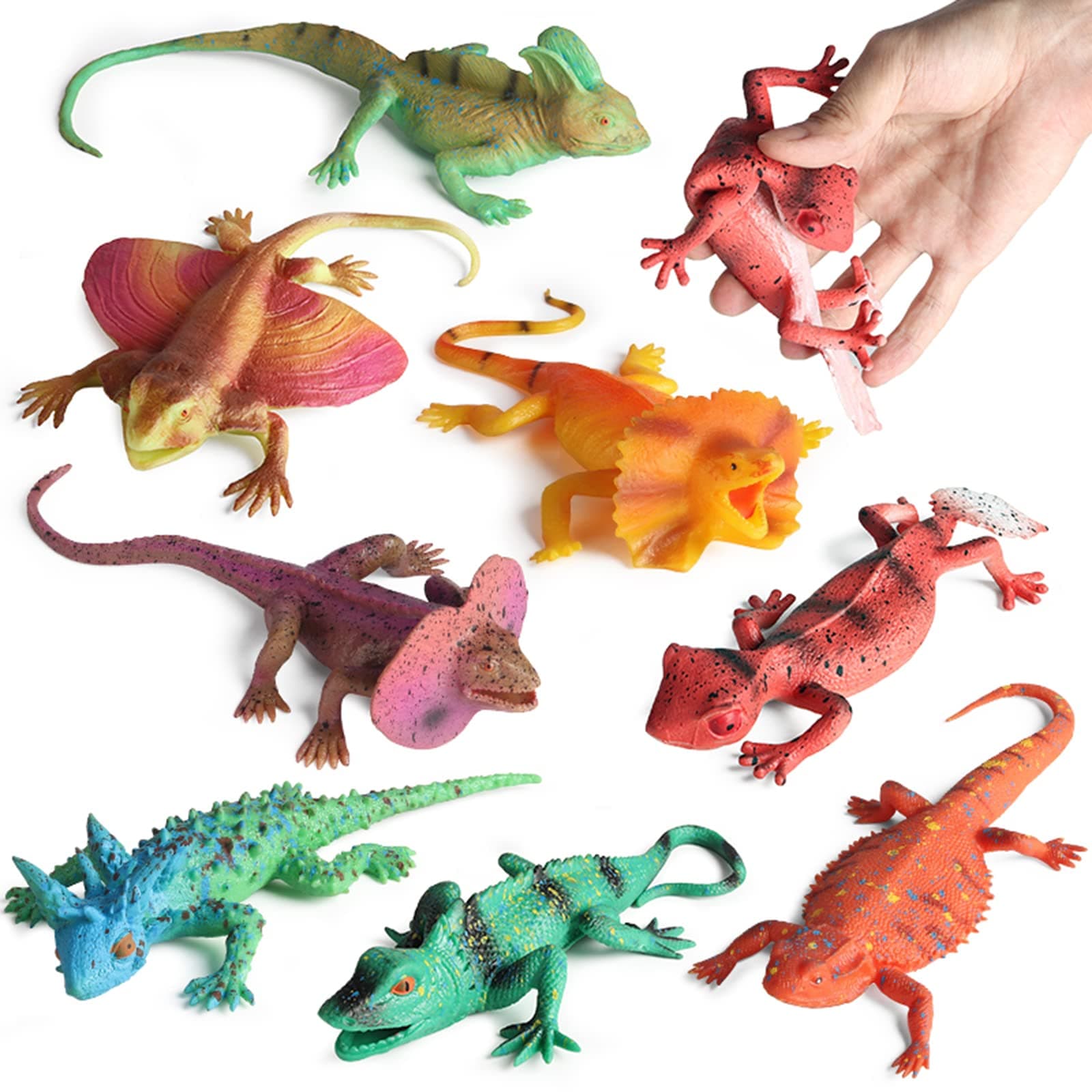 8PCS Plastic Squishy Lizard Toys, Stretchy Rubber Figures, Realistic Soft Reptile Toys for Kids, Party Decoration Figurines Set