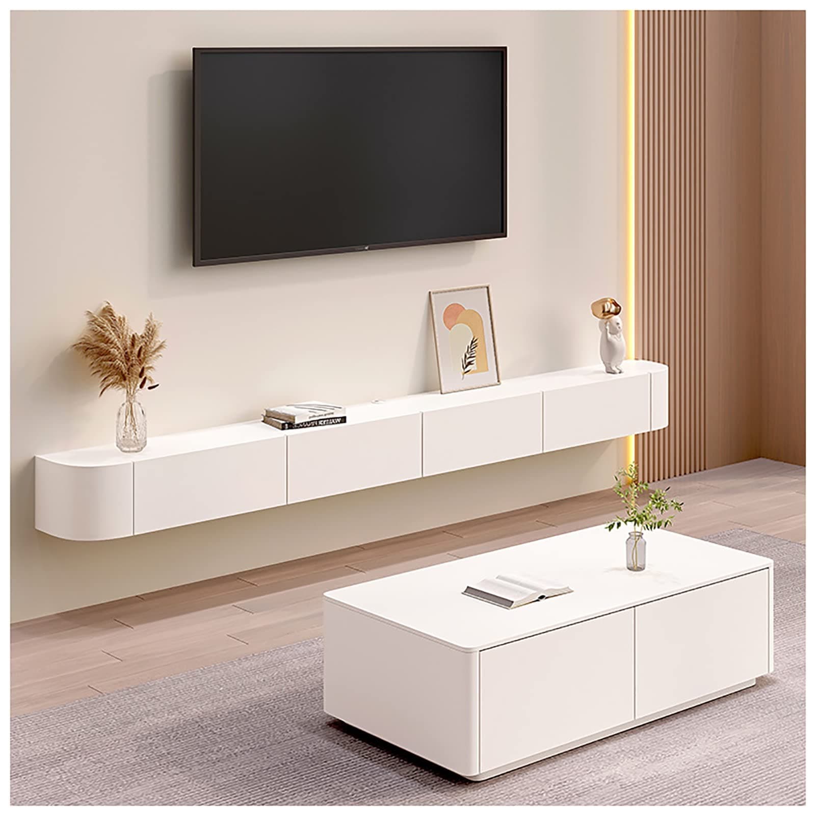 Floating TV Stand, Wall Mounted TV Cabinet, Media Console, With Cable Holes, Storage Component Shelves, For Living Room,Bedroom (Color : White-A, Size : 160cm)