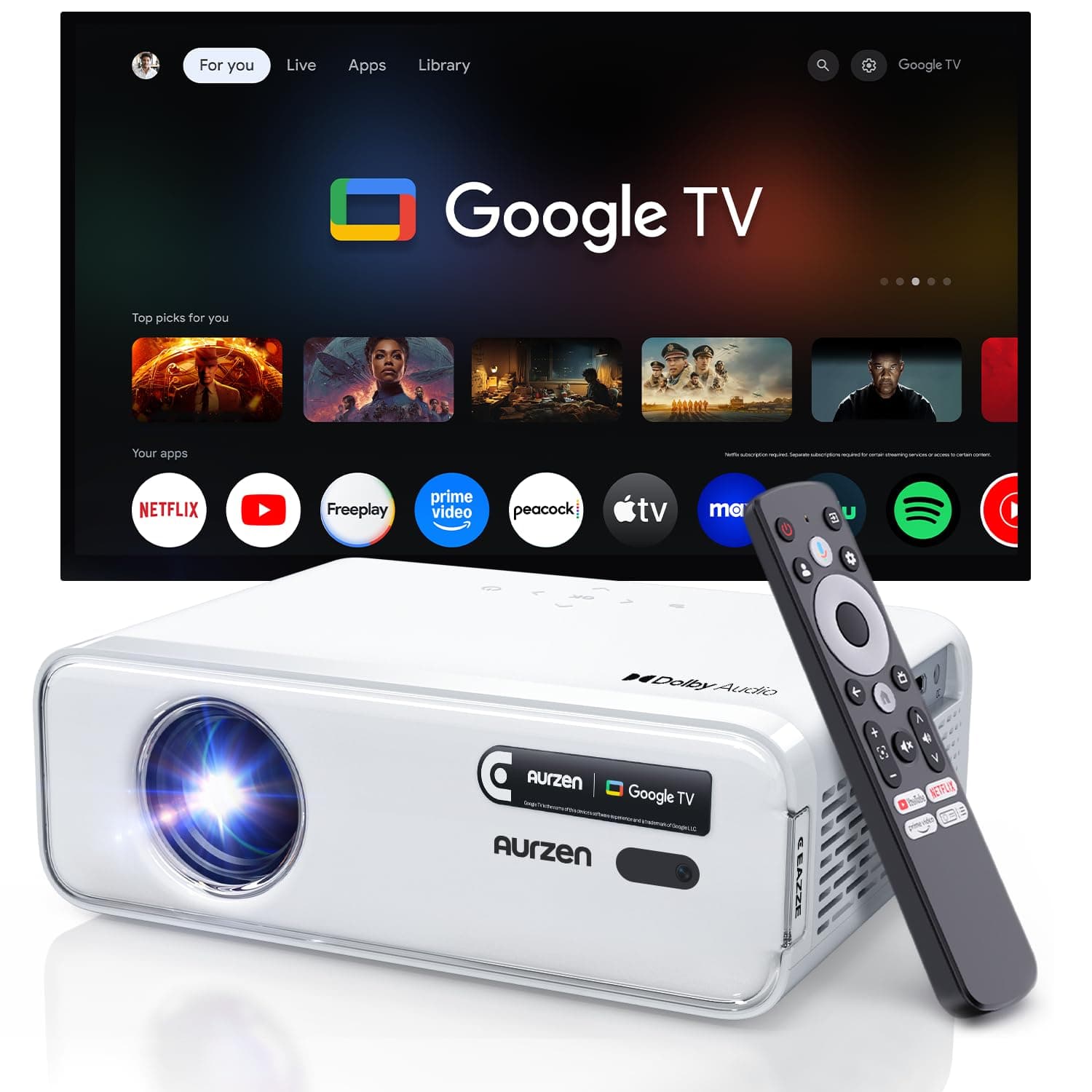 Aurzen EAZZE D1G 4K Supported Google TV Smart Projector with WiFi & Bluetooth, Auto Focus & Keystone, Dolby Audio, Zoom, Movie, Portable Mini Projector for Home & Outdoor Use