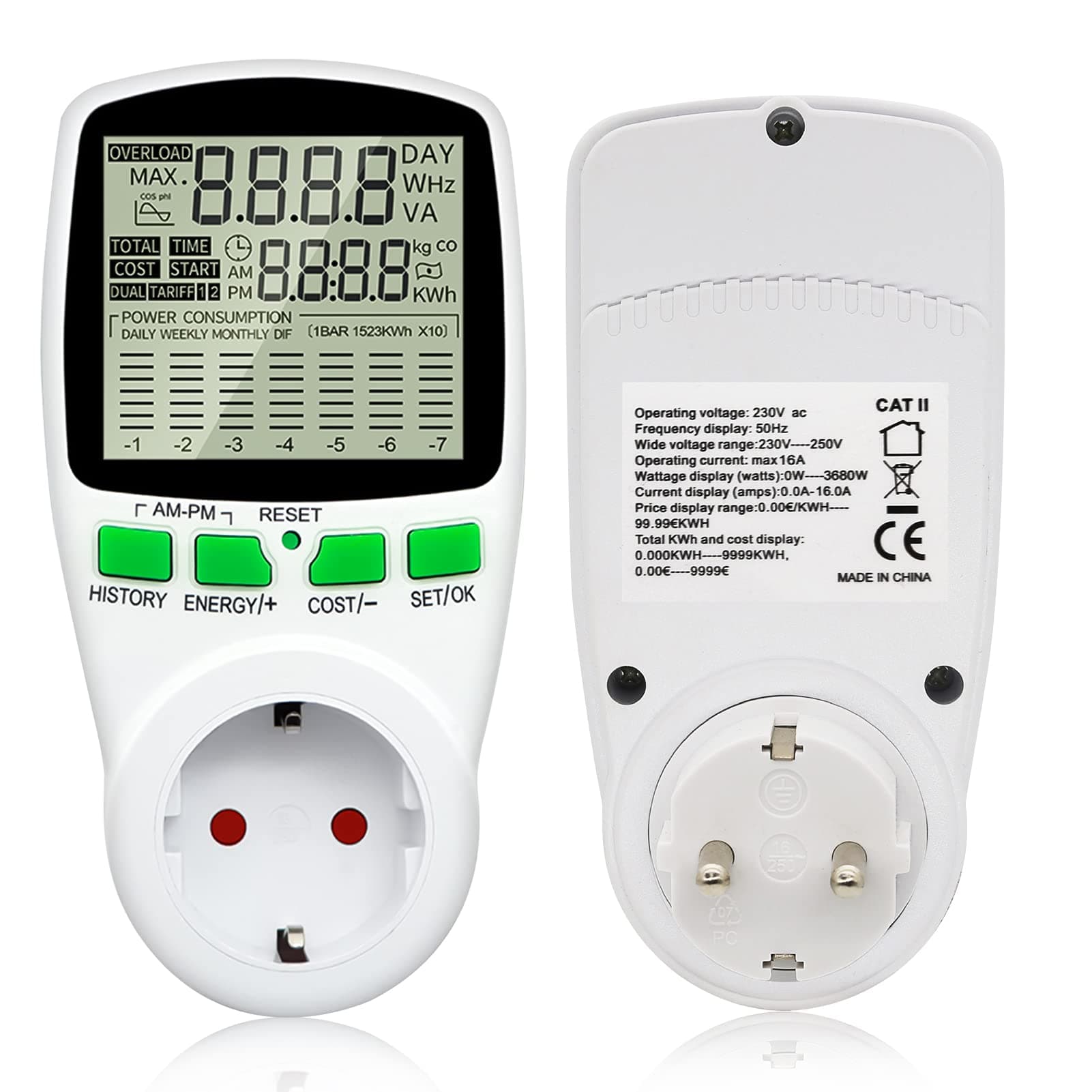 Ammeter for Balcony Power Plant, Mini PV System, Mini Solar System, Electricity Meter for Socket with 11 Monitoring Modes, 3680 W, Energy Cost Meter with Overload Protection (A)