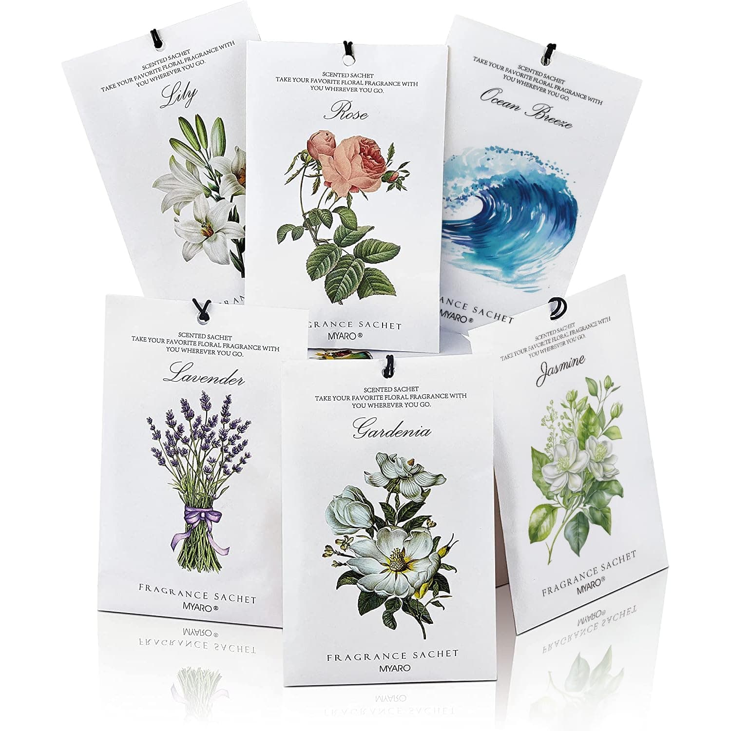 MYARO 12 Pack Assorted Floral Scented Sachets - Lavender, Rose, Jasmine, Ocean, Gardenia & Lily | Drawer, Closet & Car Air Freshener Bags | Multi-Scent Home Fragrance Gift Set