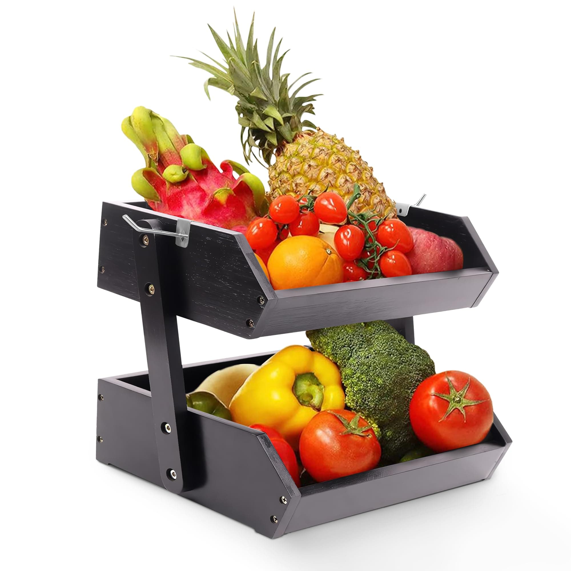 Bamboo Fruit Basket 2 Tier — 22+ Lbs Capacity, 12mm Thickness & Raised Bottom— Ideal for Bread, Toiletries, Snacks, Seasonings - Wood Fruit Bowl for Kitchen Counter, Dining Table (Black)