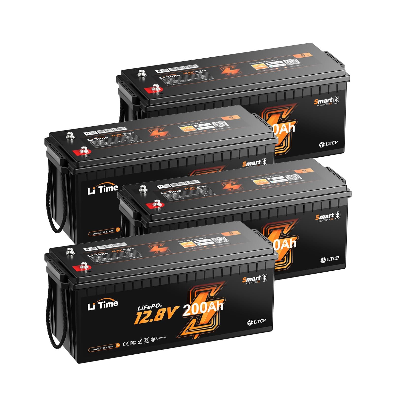Litime 4Packs LiFePO4 Lithium Deep Cycle Battery Bluetooth, Low-Temp Protection, 2560Wh Energy Max. 1280W Load, Up to15000 Cycles, Perfect for RV, Solar Energy Storage