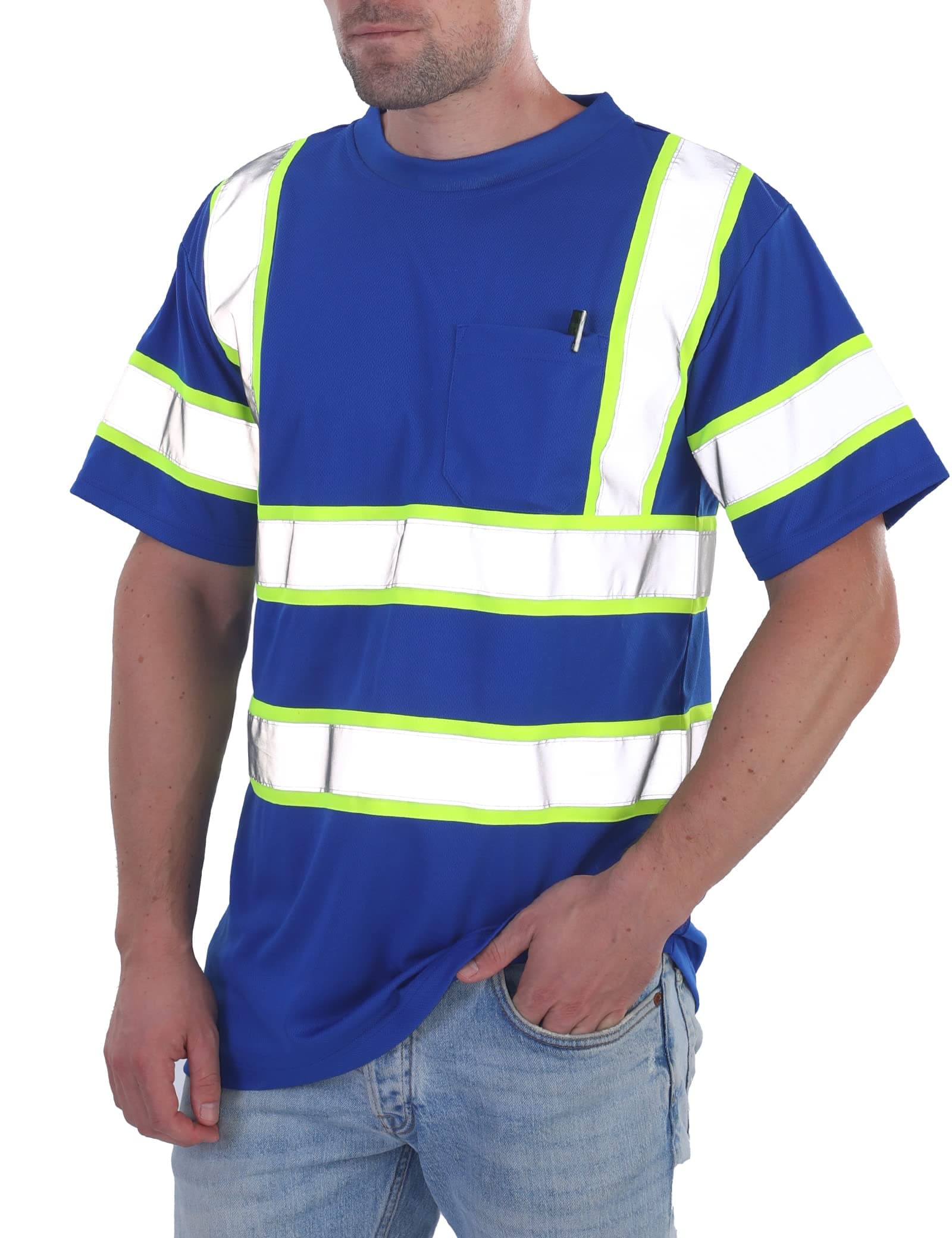 sesafety High Visibility Shirts for Men Class 3 Hi Vis Reflective Construction Shirts for Men with Pocket Safety T Shirts for Men Work Shirts for Men Short Sleeve Blue Yellow Strips XL