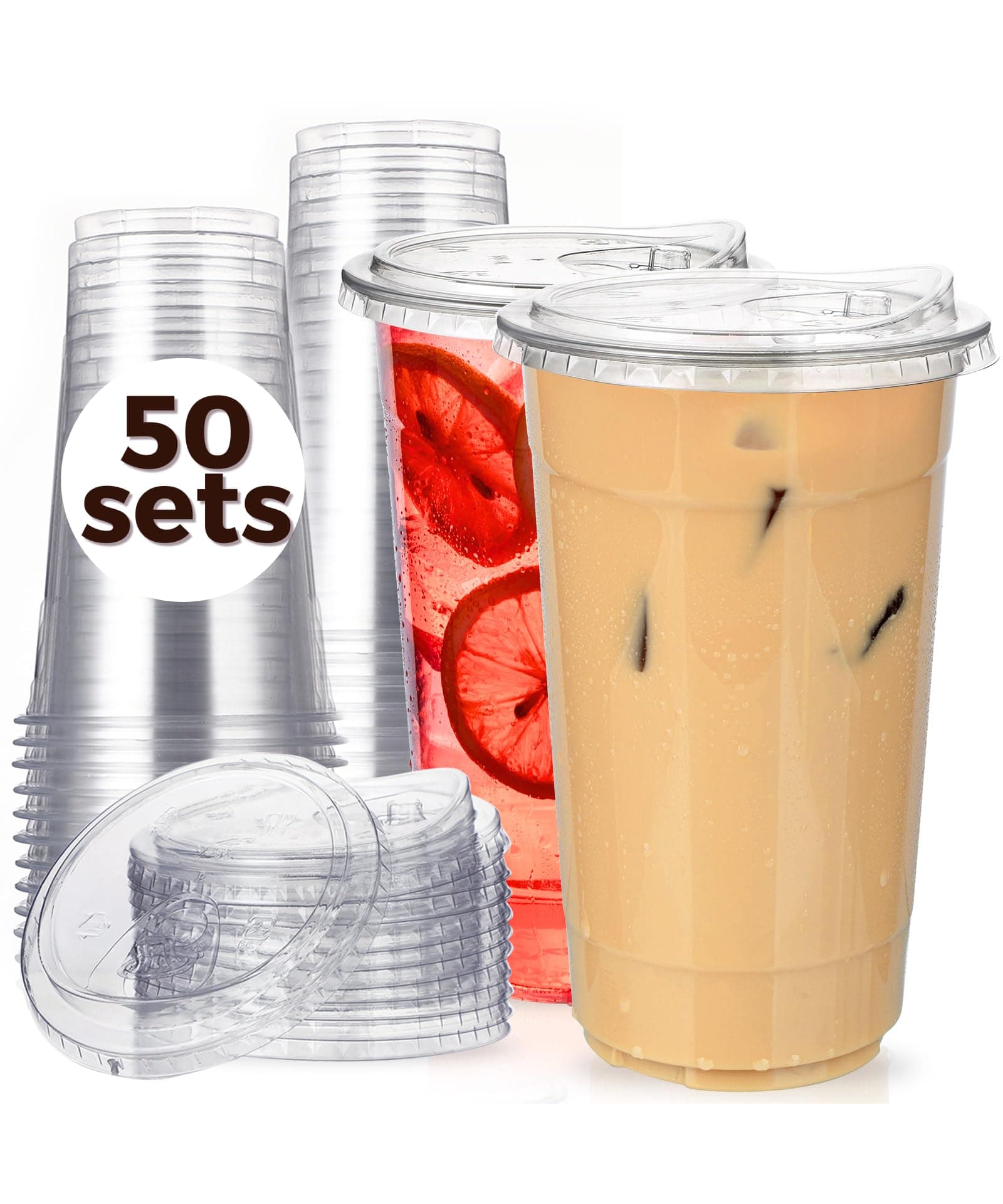 32 oz Clear Plastic Cups with Strawless-Sip-Lids, 50 Sets Disposable Cups Plastic Iced Coffee Cups, To Go Cups with Sip Through Lids for Smoothie, Milkshake, Cold Drinks for Party, Wedding, Event
