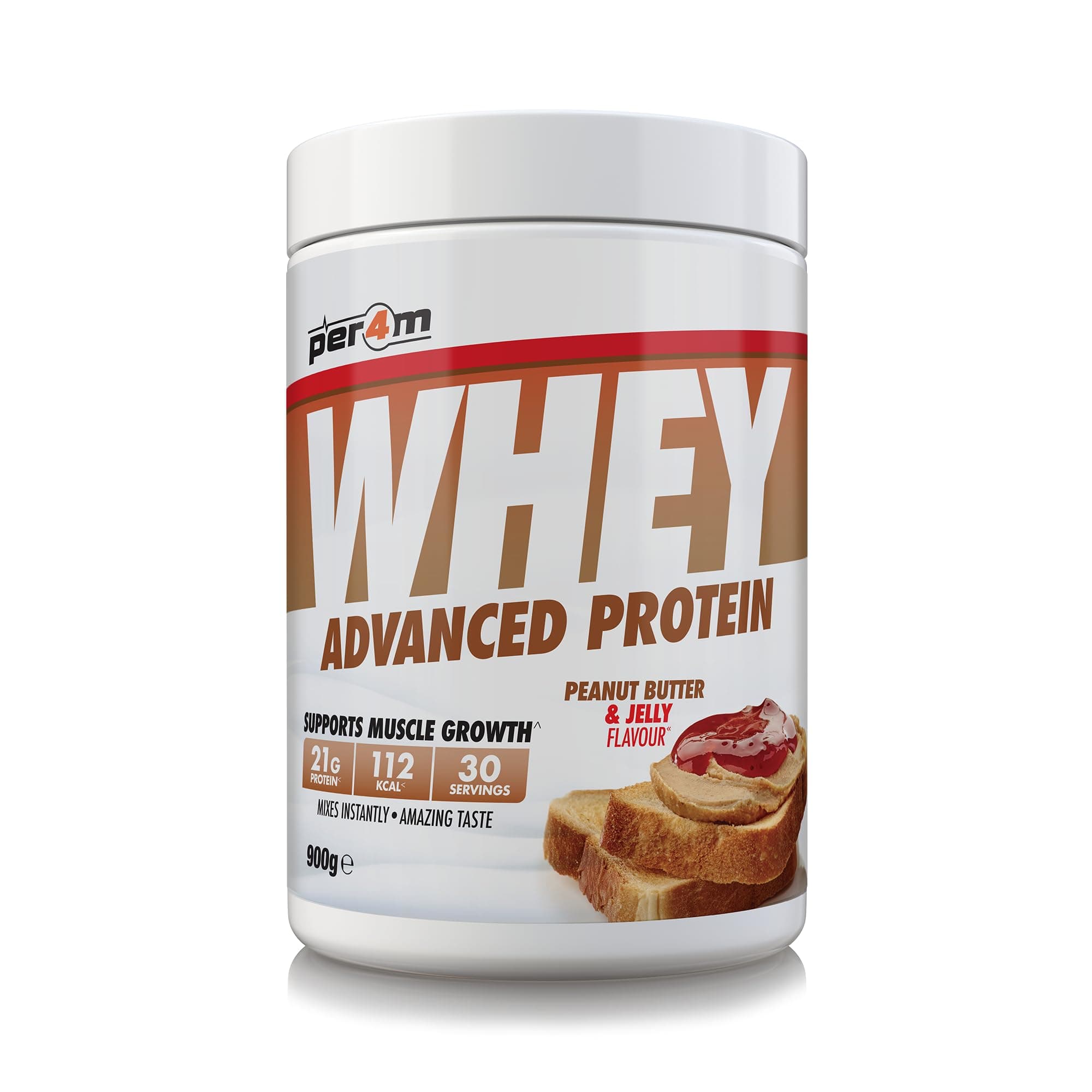 Per4m Whey Protein Powder | High Protein Shake for Muscle Growth & Recovery | Low Sugar Gym Supplement | Sports Nutrition Drink + Amino Acids (900g, Peanut Butter & Jelly)