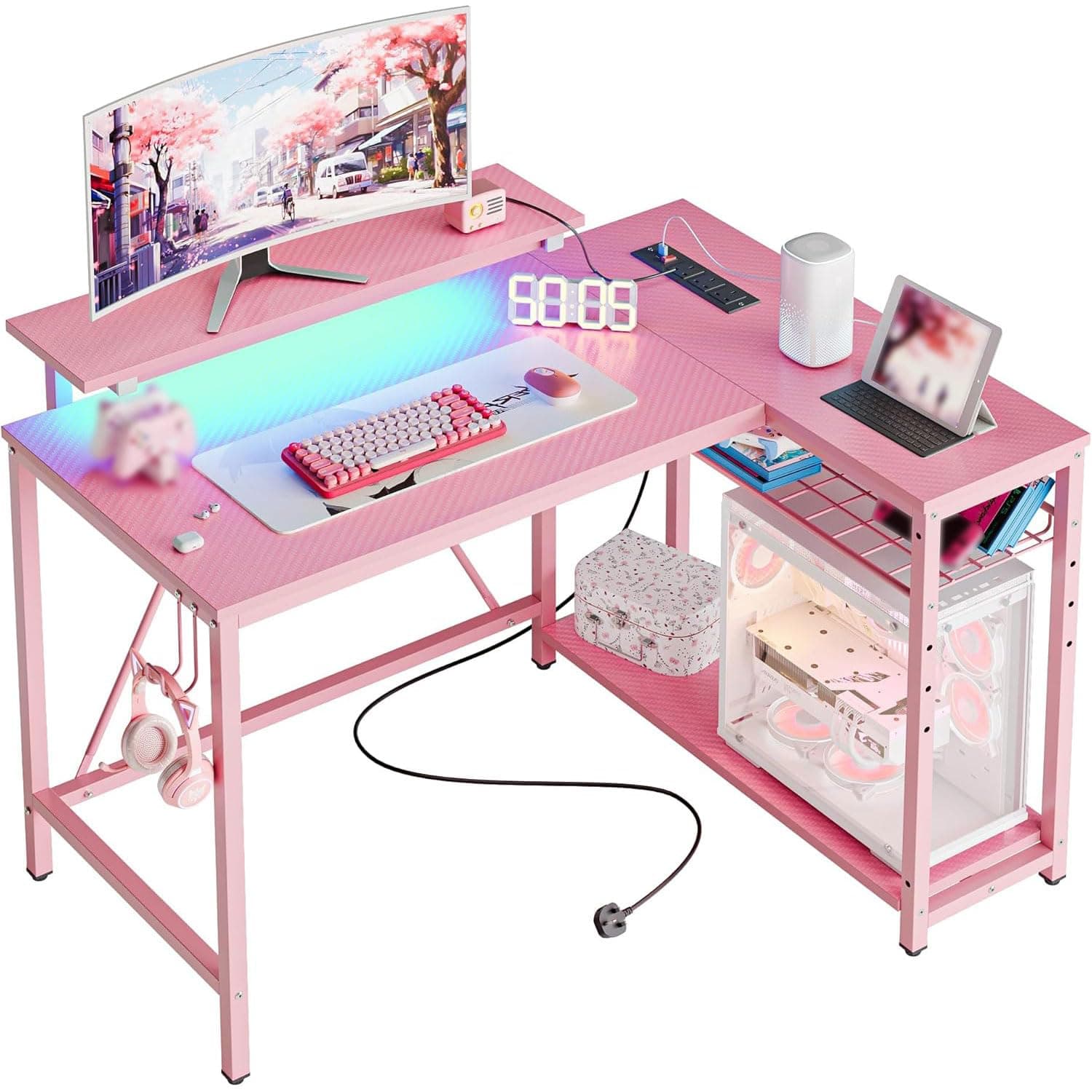106.5CM L-Shaped Desk with Power Outlets & LED Lights, Reversible Corner Desk with Shelves & Hooks for Home Office, Bedroom & Small Spaces