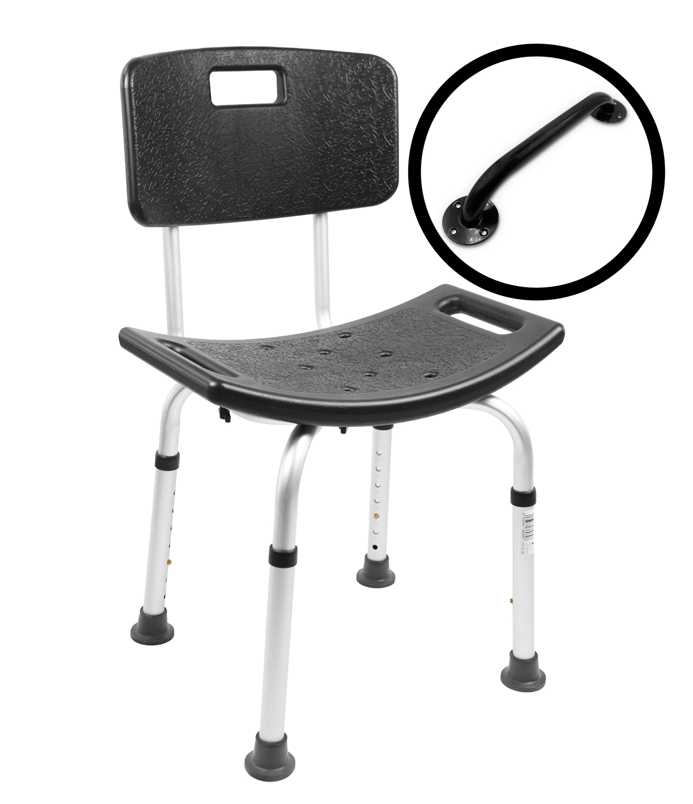 PEPE Mobility - Shower Chair for Elderly, Grab Rail 12" (Pack), Bath Chair for Disabled, Seat with Back Rest, Non Slip, Black